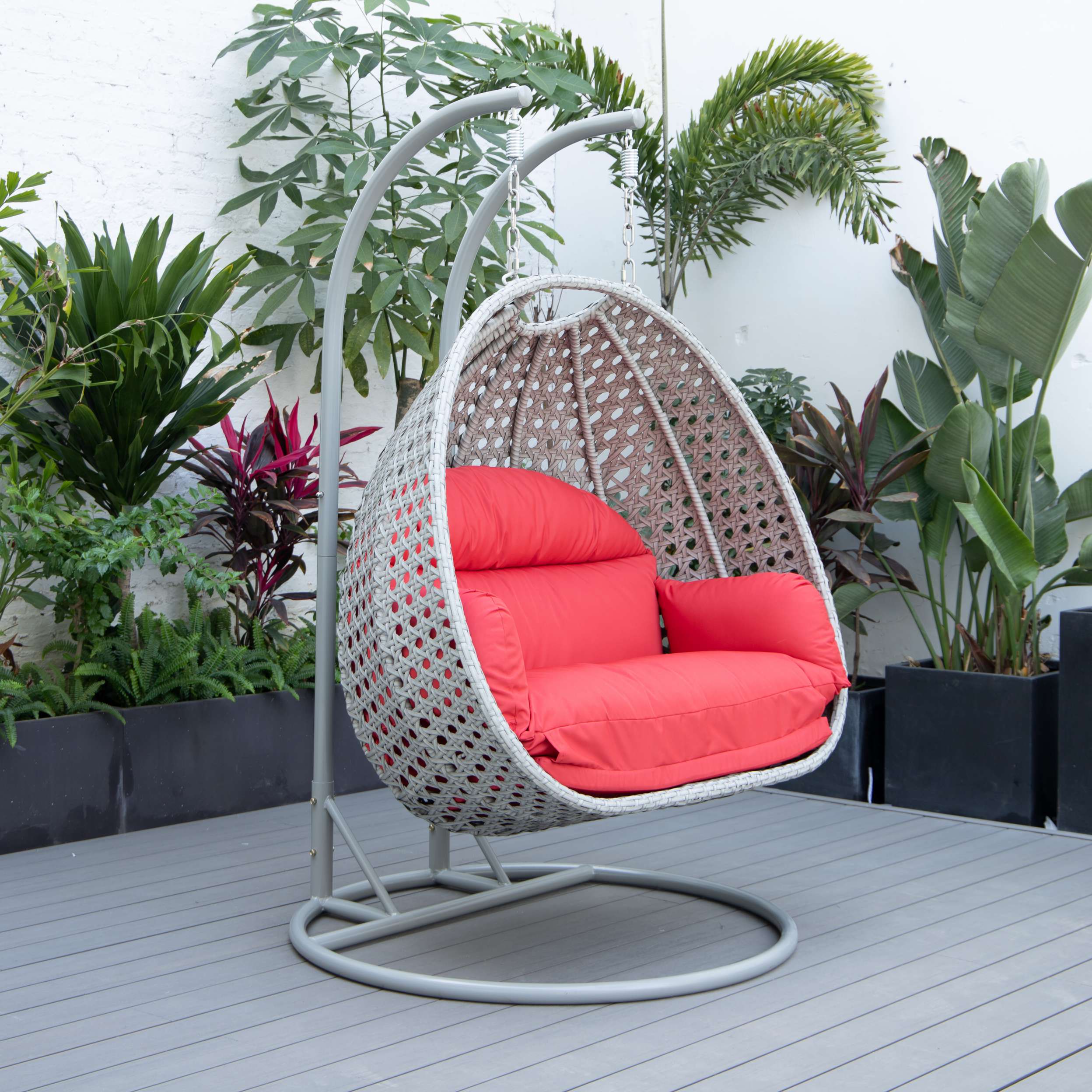 LeisureMod Mendoza Light Grey Wicker Hanging 2 person Egg Swing Chair - Image 98