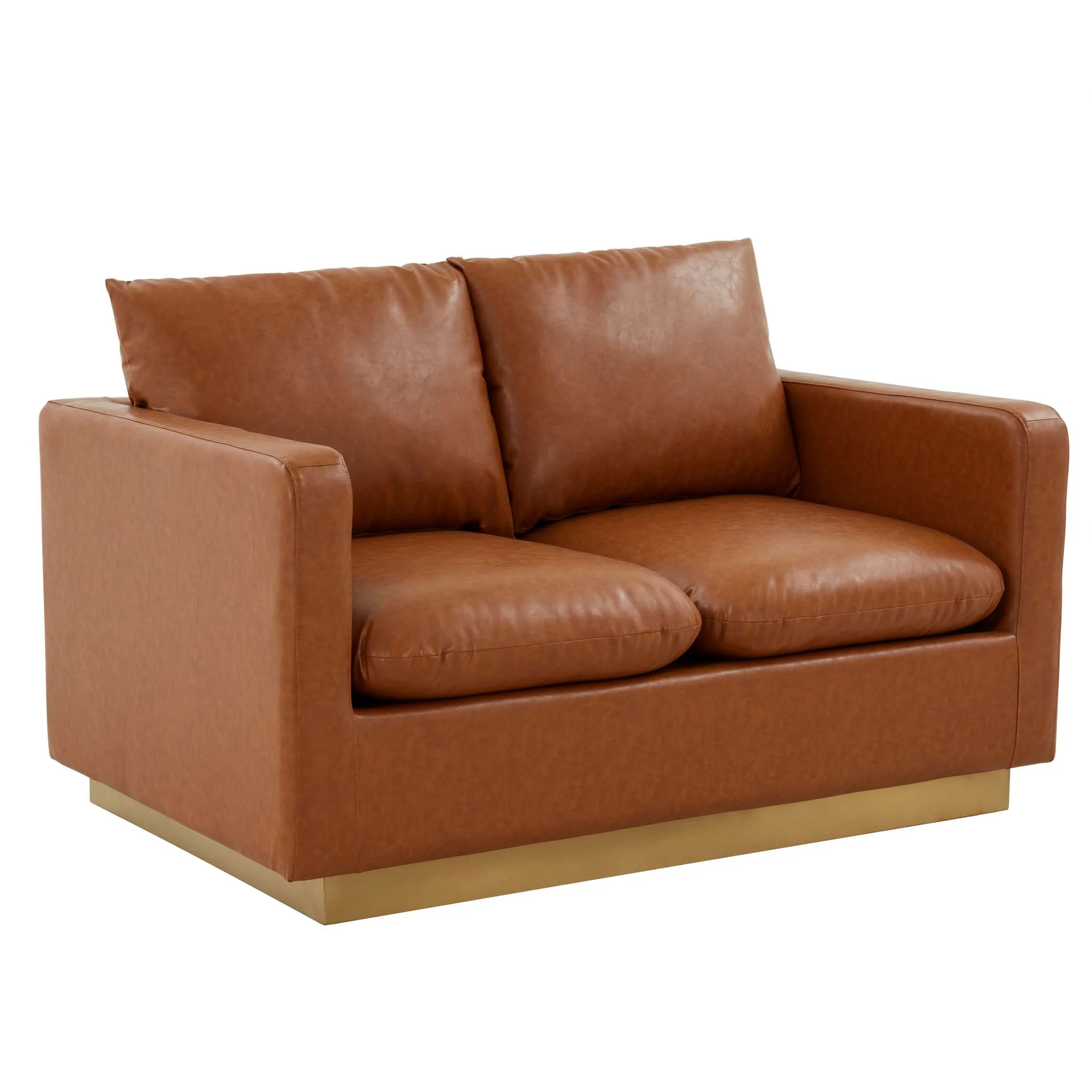 LeisureMod Nervo Modern Mid-Century Upholstered Leather Loveseat with Gold Frame - Image 11