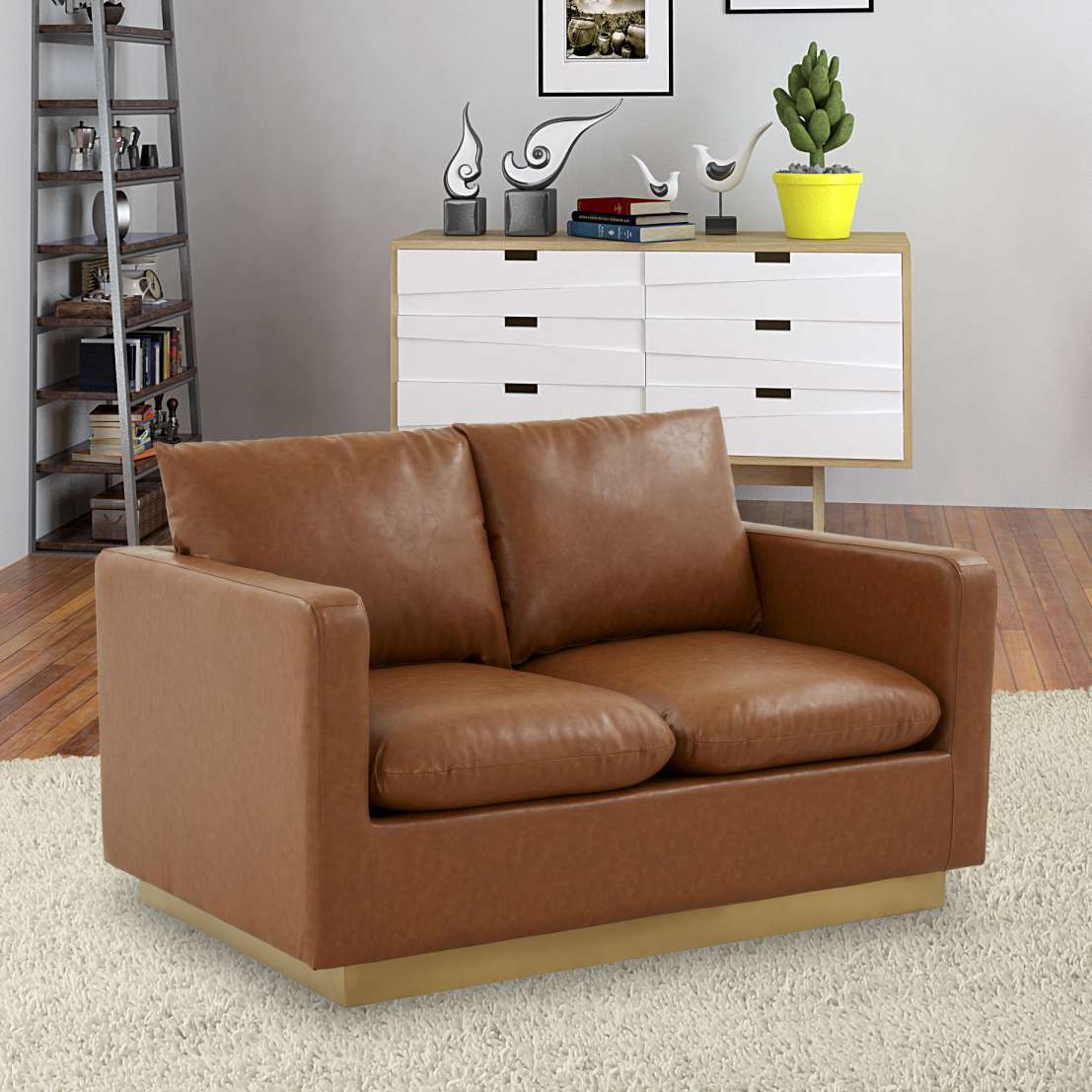 LeisureMod Nervo Modern Mid-Century Upholstered Leather Loveseat with Gold Frame - Image 13