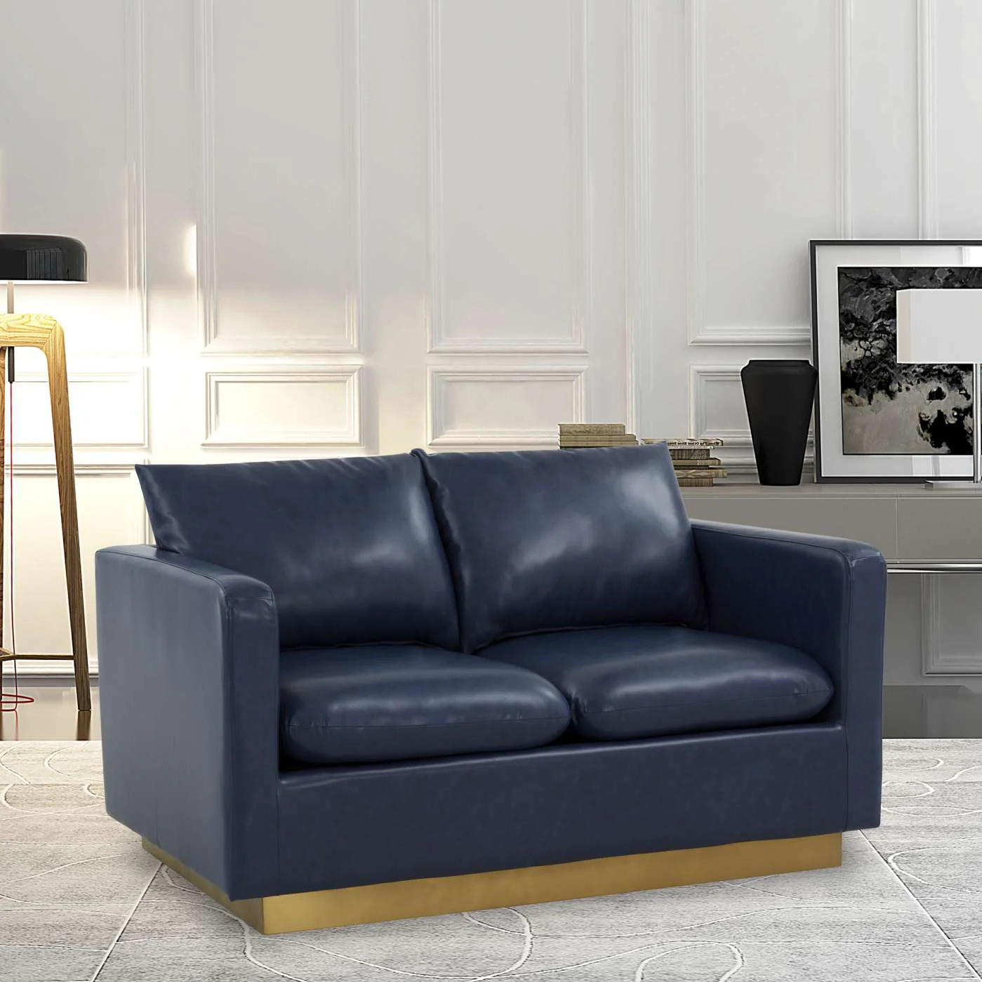 LeisureMod Nervo Modern Mid-Century Upholstered Leather Loveseat with Gold Frame - Image 19