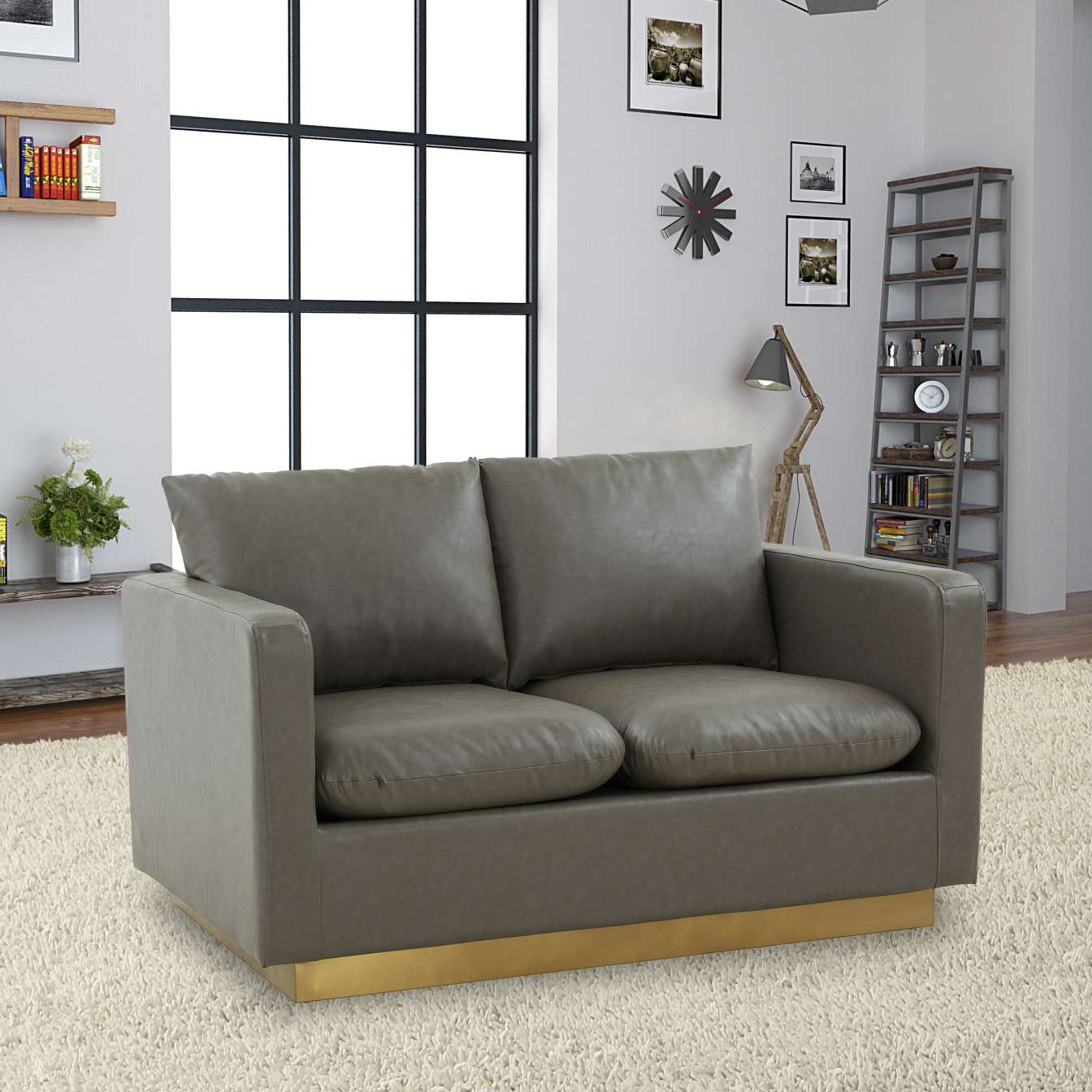 LeisureMod Nervo Modern Mid-Century Upholstered Leather Loveseat with Gold Frame - Image 25