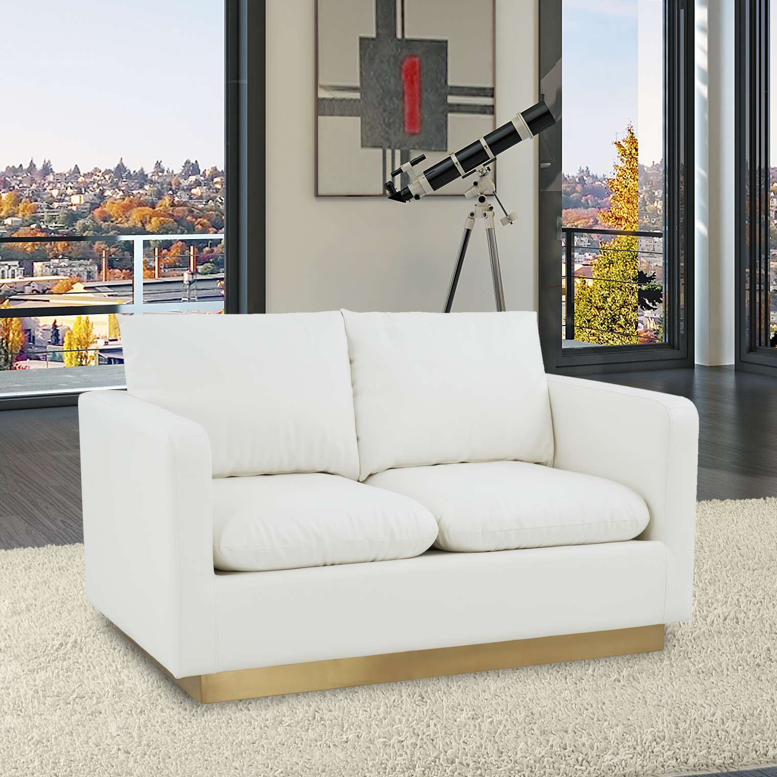LeisureMod Nervo Modern Mid-Century Upholstered Leather Loveseat with Gold Frame - Image 31