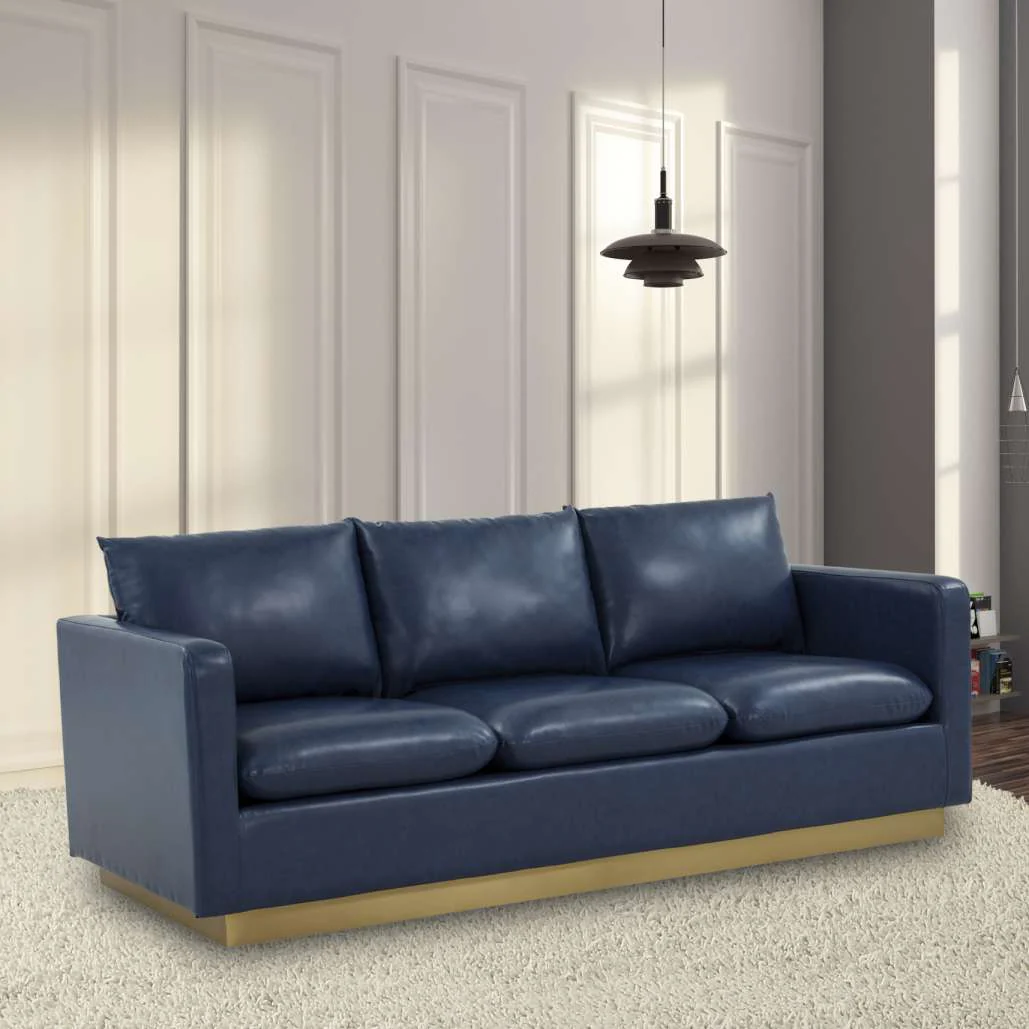 LeisureMod Nervo Modern Mid-Century Upholstered Leather Sofa with Gold Frame - Image 16