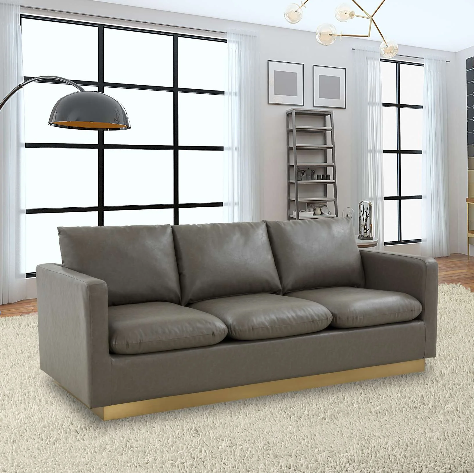 LeisureMod Nervo Modern Mid-Century Upholstered Leather Sofa with Gold Frame - Image 23