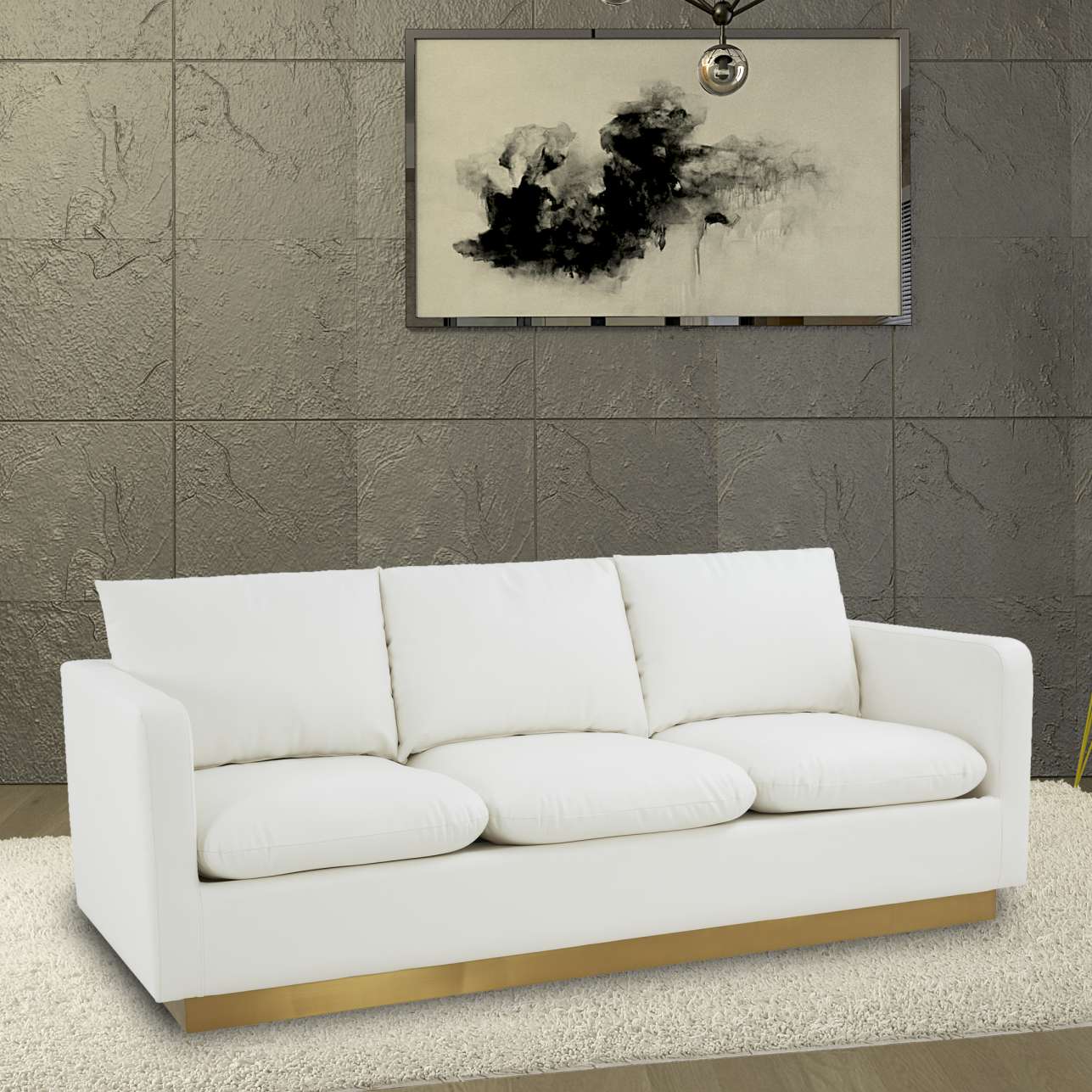 LeisureMod Nervo Modern Mid-Century Upholstered Leather Sofa with Gold Frame - Image 30