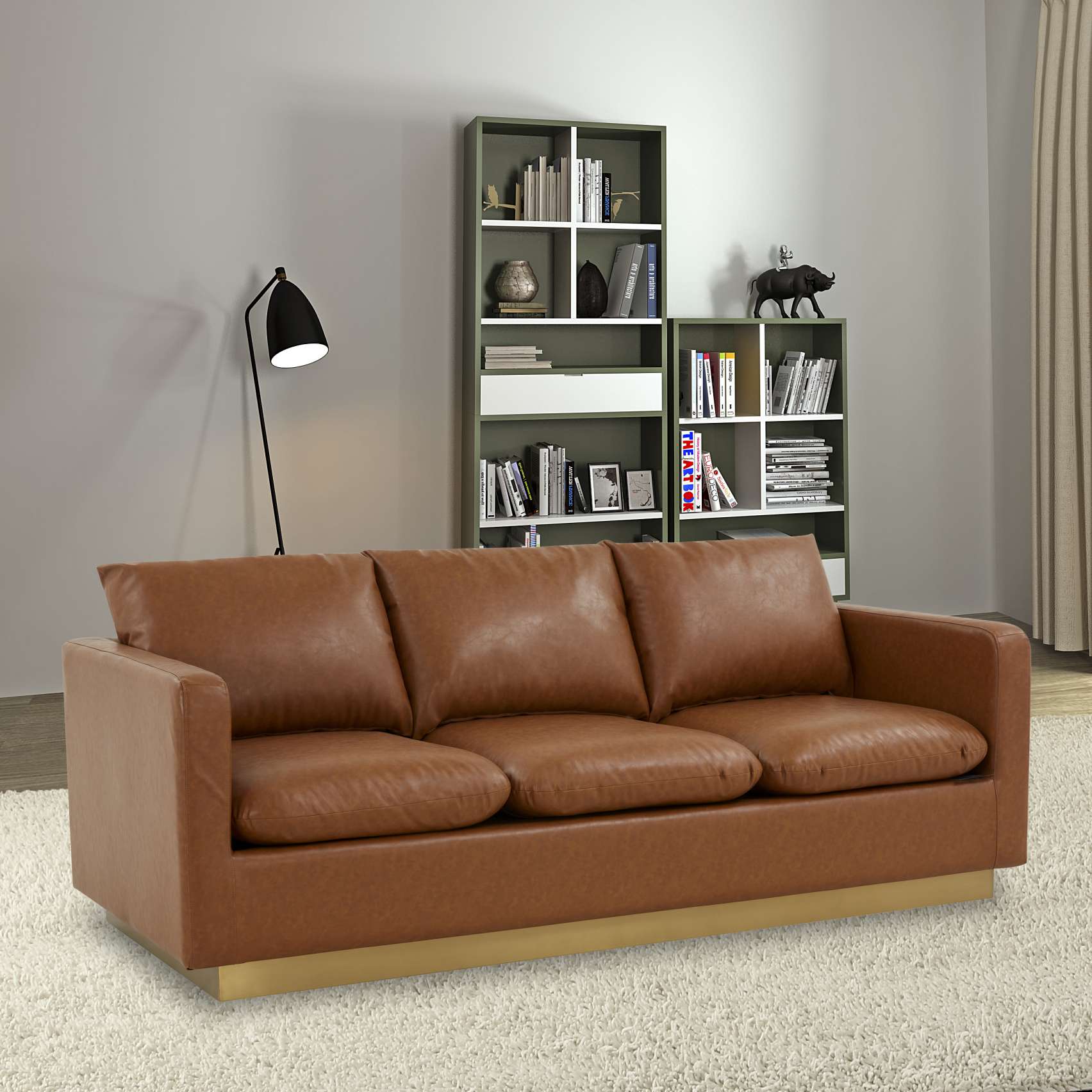 LeisureMod Nervo Modern Mid-Century Upholstered Leather Sofa with Gold Frame - Image 9