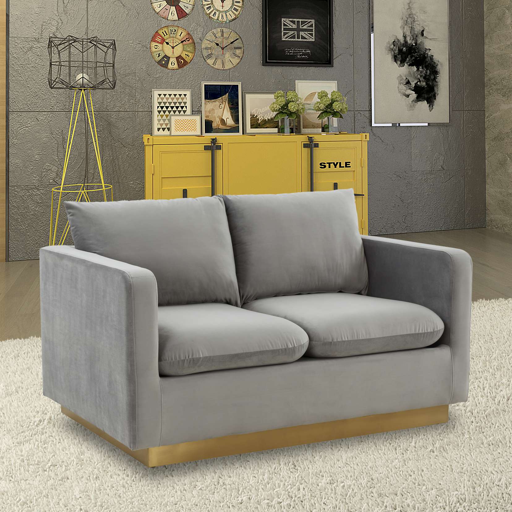 LeisureMod Nervo Modern Mid-Century Upholstered Velvet Loveseat with Gold Frame - Image 25