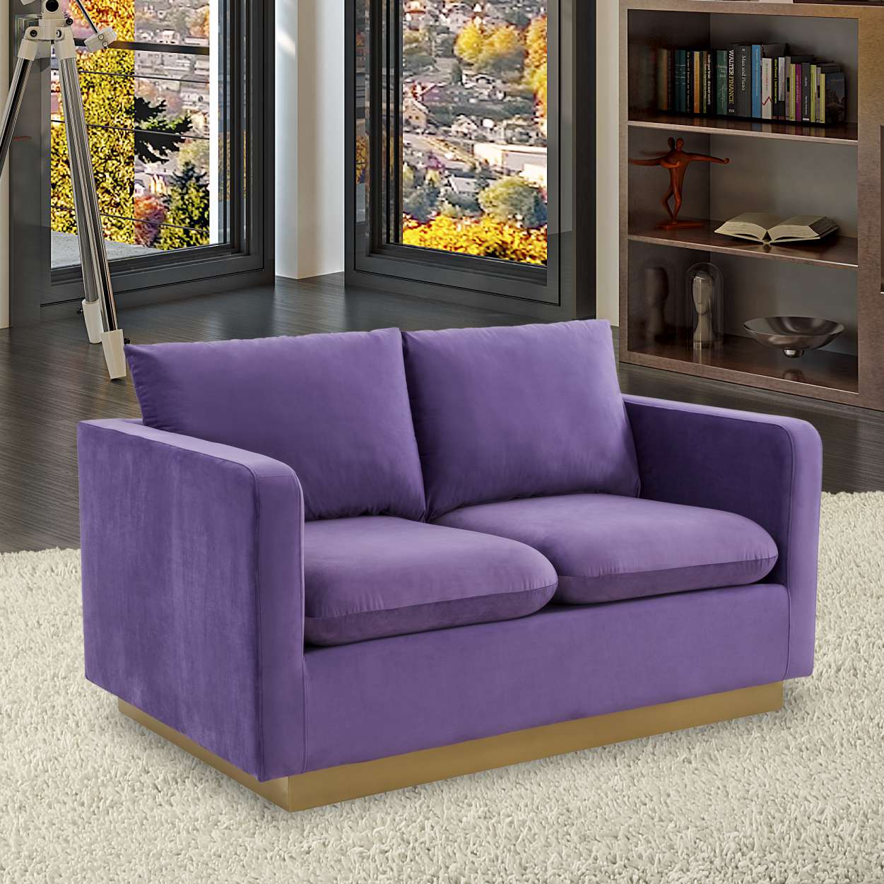 LeisureMod Nervo Modern Mid-Century Upholstered Velvet Loveseat with Gold Frame - Image 31