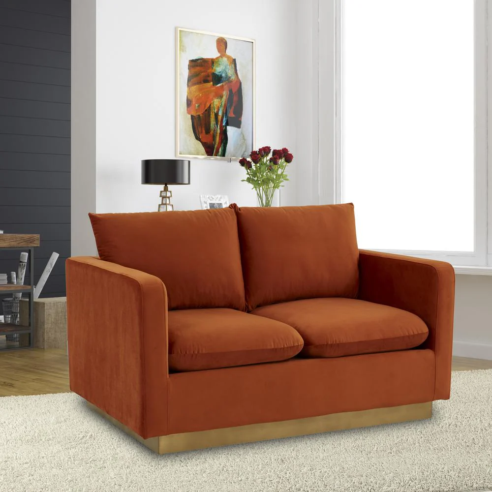 LeisureMod Nervo Modern Mid-Century Upholstered Velvet Loveseat with Gold Frame - Image 37