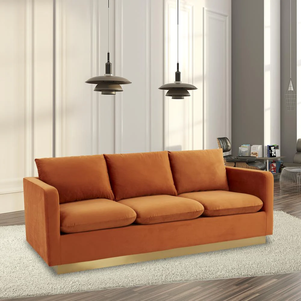 LeisureMod Nervo Modern Mid-Century Upholstered Velvet Sofa with Gold Frame - Image 29