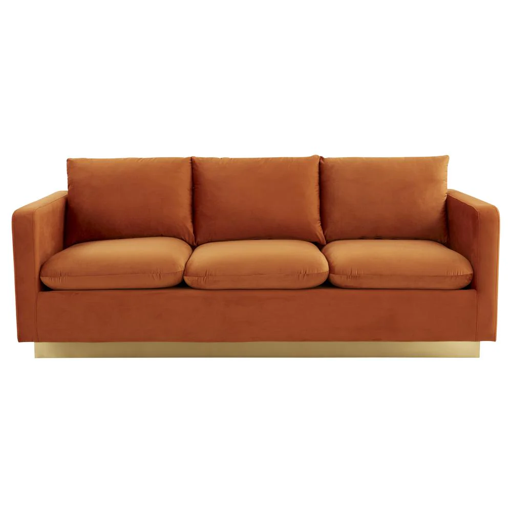 LeisureMod Nervo Modern Mid-Century Upholstered Velvet Sofa with Gold Frame - Image 30