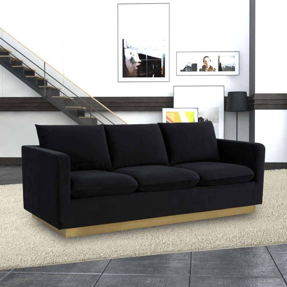 LeisureMod Nervo Modern Mid-Century Upholstered Velvet Sofa with Gold Frame - Image 8