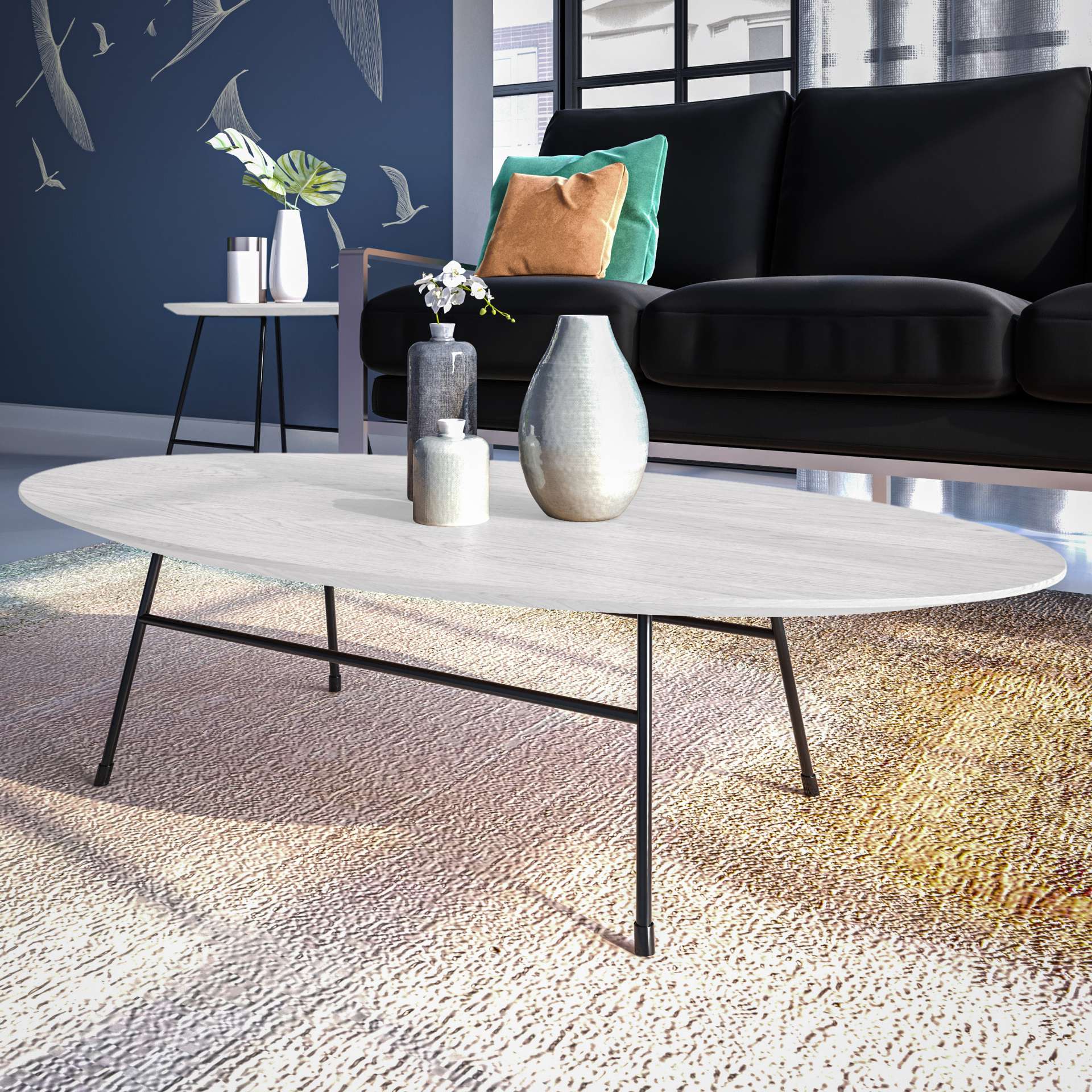LeisureMod Rossmore Oval Coffee Table with Ash Veneer Top and Black Powder Coated Steel Frame - Image 8