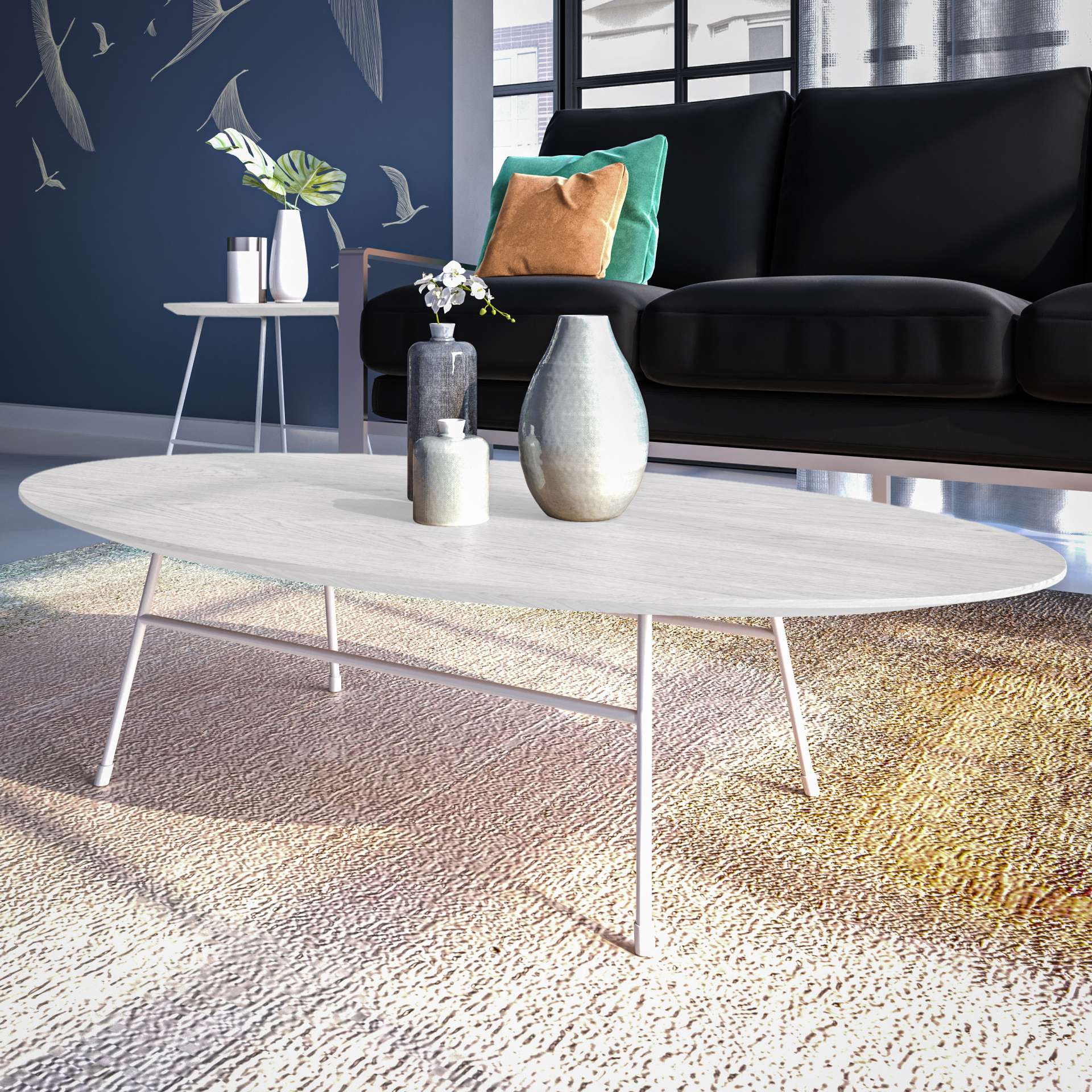 LeisureMod Rossmore Oval Coffee Table with Ash Veneer Top and White Powder Coated Steel Frame - Image 10
