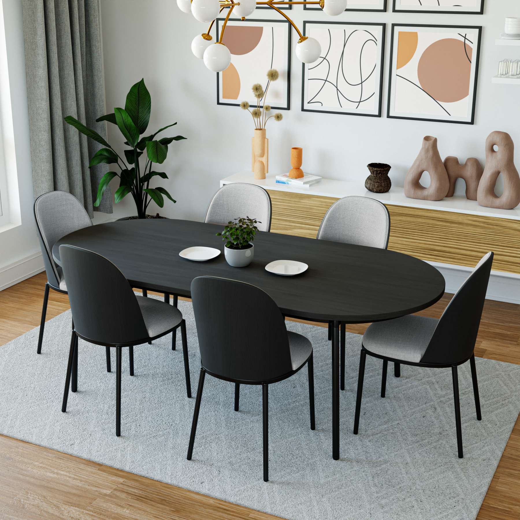 LeisureMod Tule Modern 71" Oval Dining Table with MDF Top and Black Steel Legs - Image 2