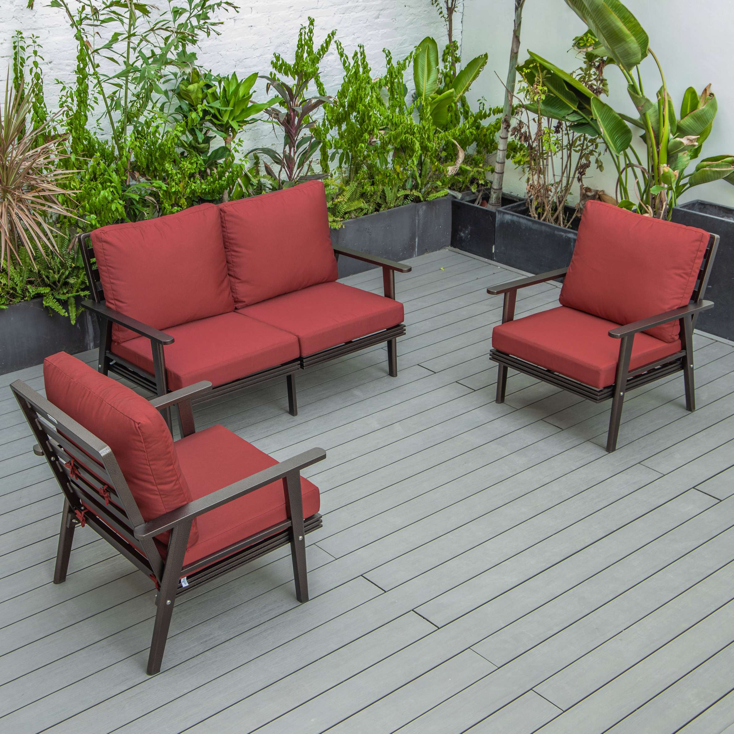 LeisureMod Walbrooke Modern 3-Piece Outdoor Patio Set with Brown Aluminum Frame - Image 100