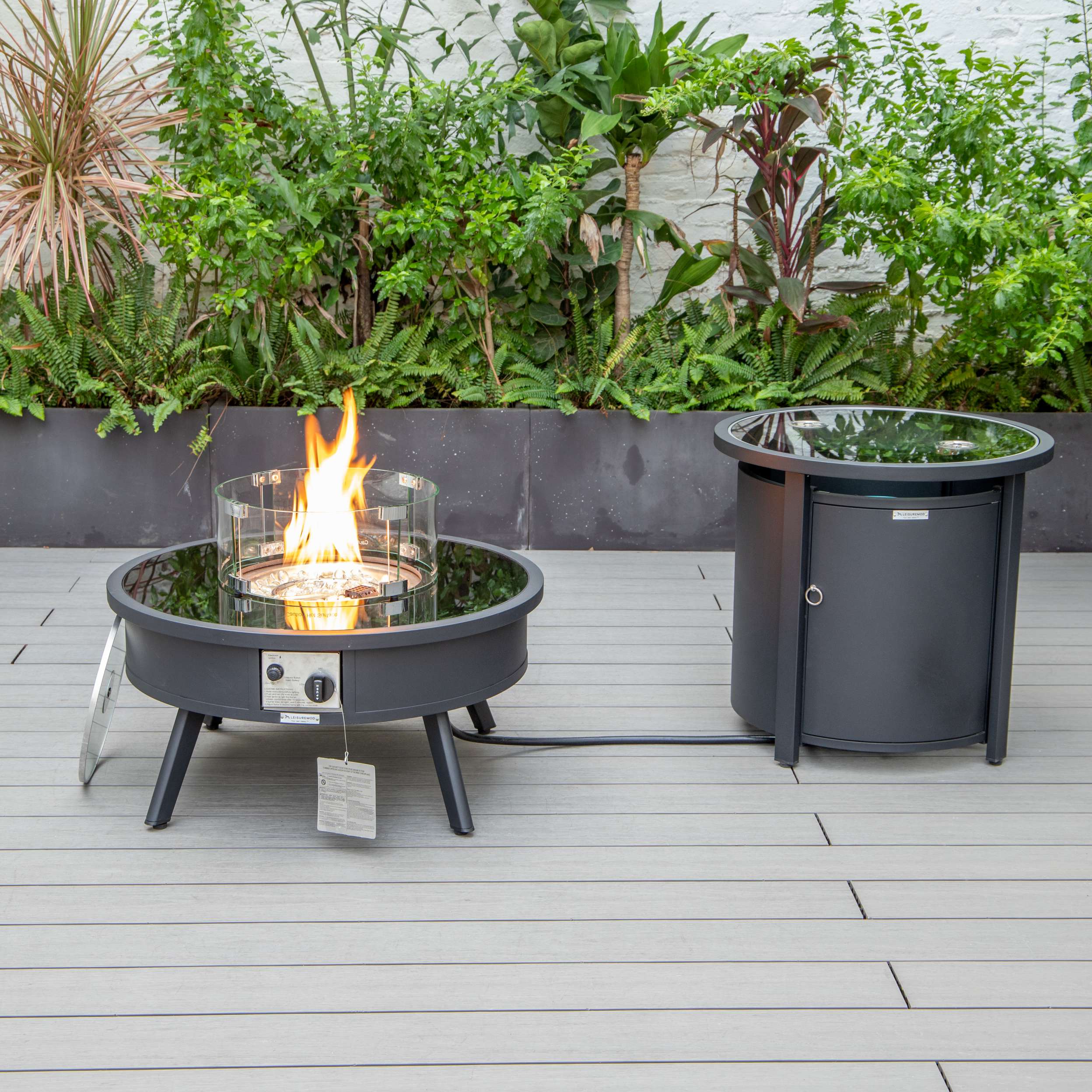 LeisureMod Walbrooke Modern Black Patio Conversation With Round Fire Pit & Tank Holder - Image 102