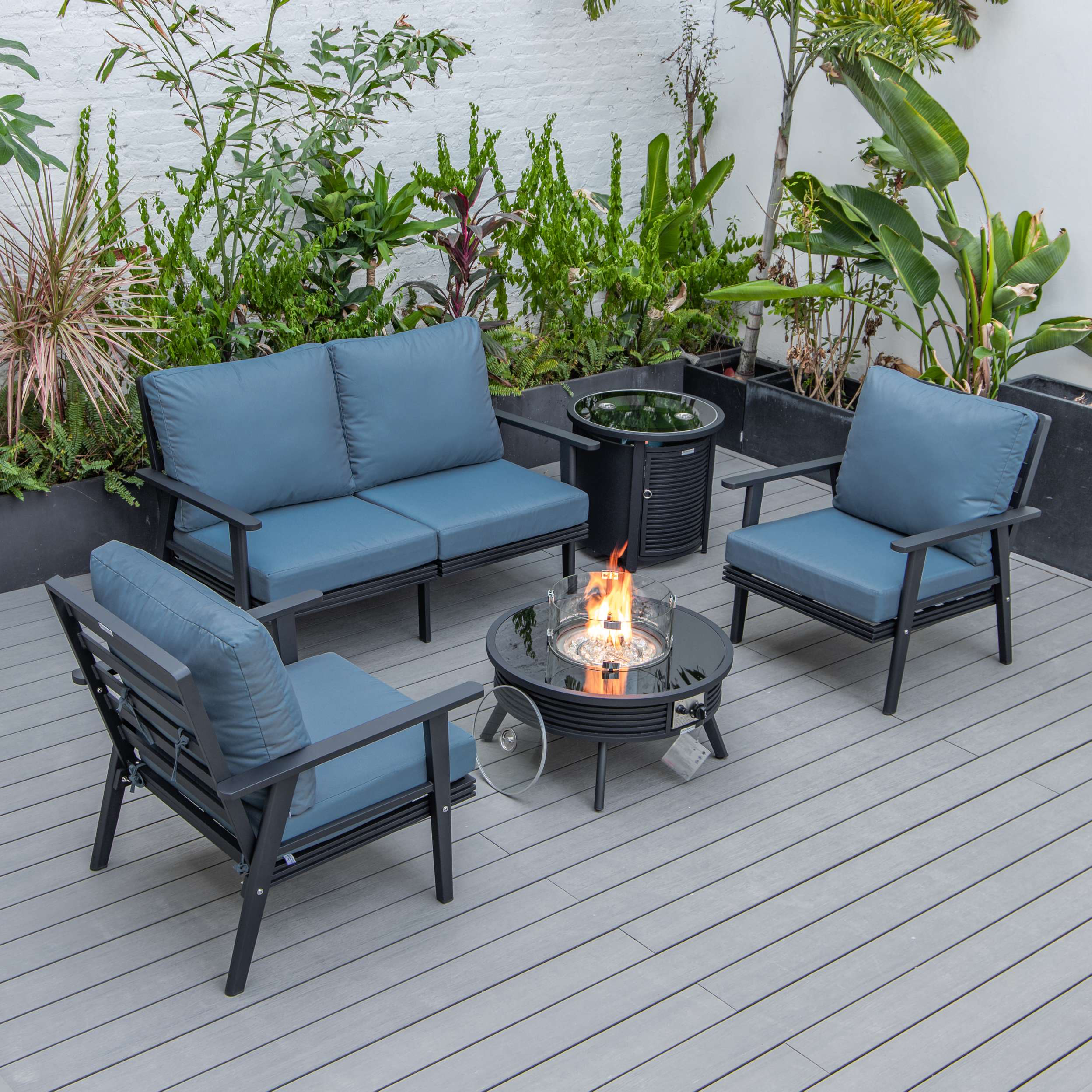 LeisureMod Walbrooke Modern Black Patio Conversation With Round Fire Pit & Tank Holder - Image 11