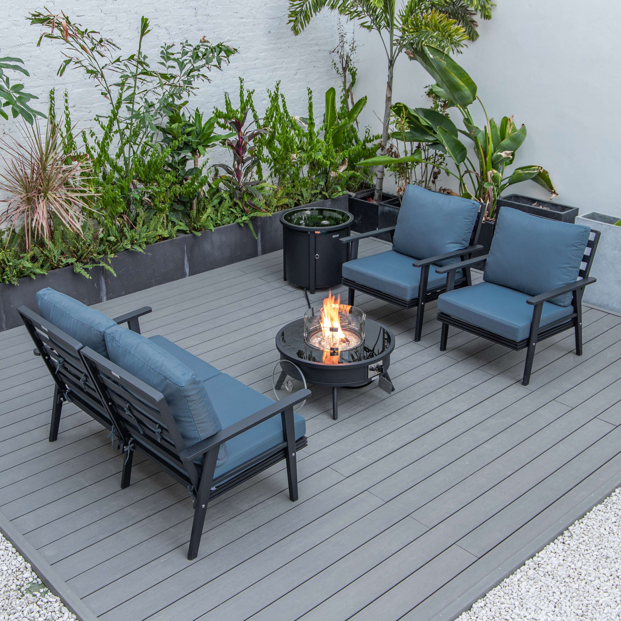 LeisureMod Walbrooke Modern Black Patio Conversation With Round Fire Pit & Tank Holder - Image 12