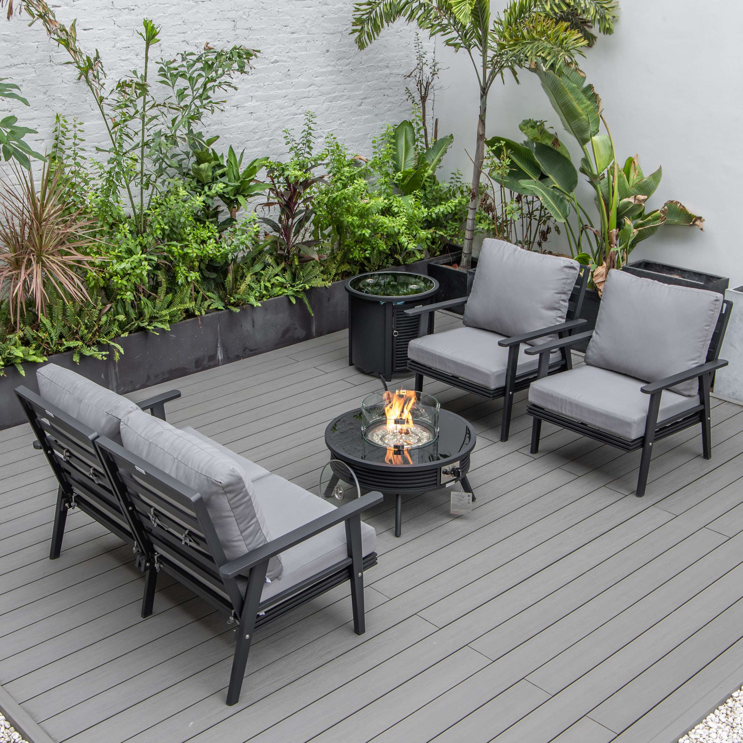 LeisureMod Walbrooke Modern Black Patio Conversation With Round Fire Pit & Tank Holder - Image 14