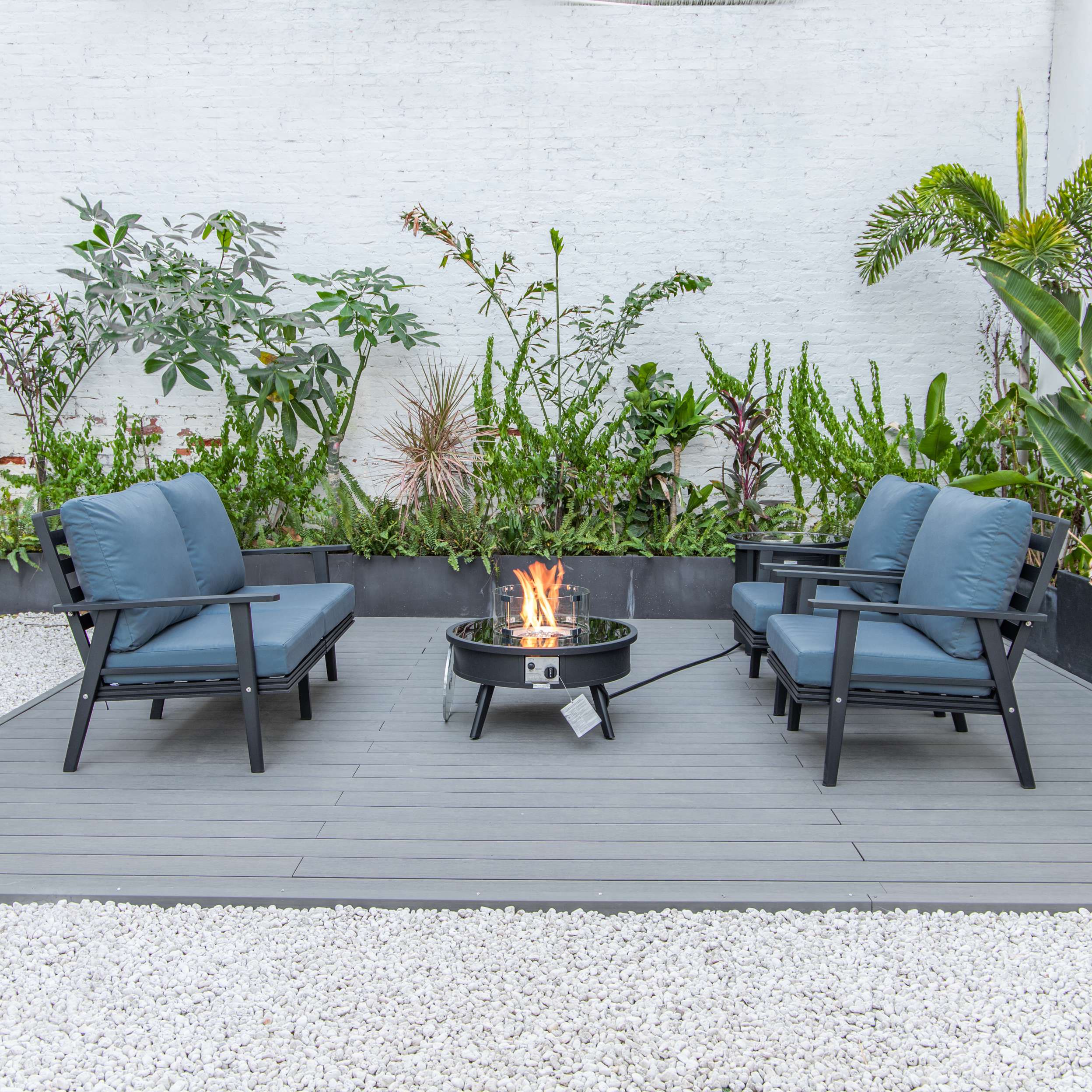 LeisureMod Walbrooke Modern Black Patio Conversation With Round Fire Pit & Tank Holder - Image 15