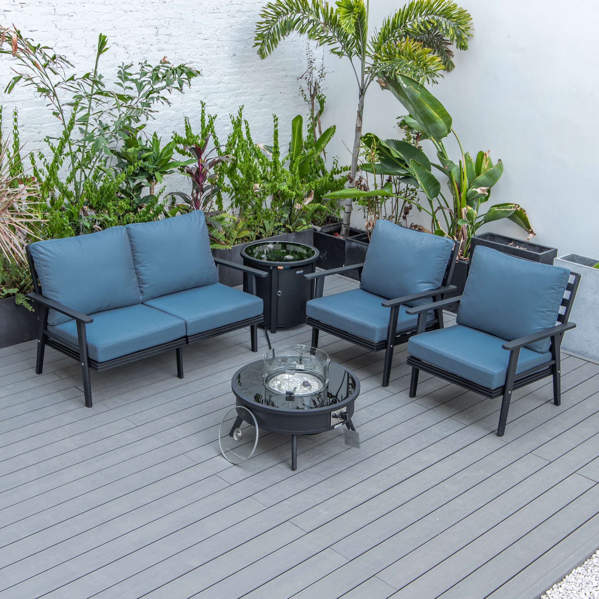 LeisureMod Walbrooke Modern Black Patio Conversation With Round Fire Pit & Tank Holder - Image 16