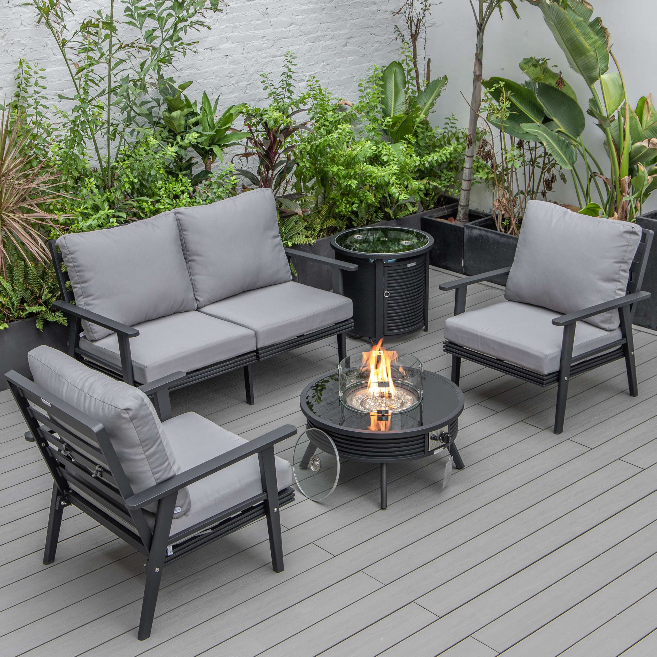 LeisureMod Walbrooke Modern Black Patio Conversation With Round Fire Pit & Tank Holder - Image 18