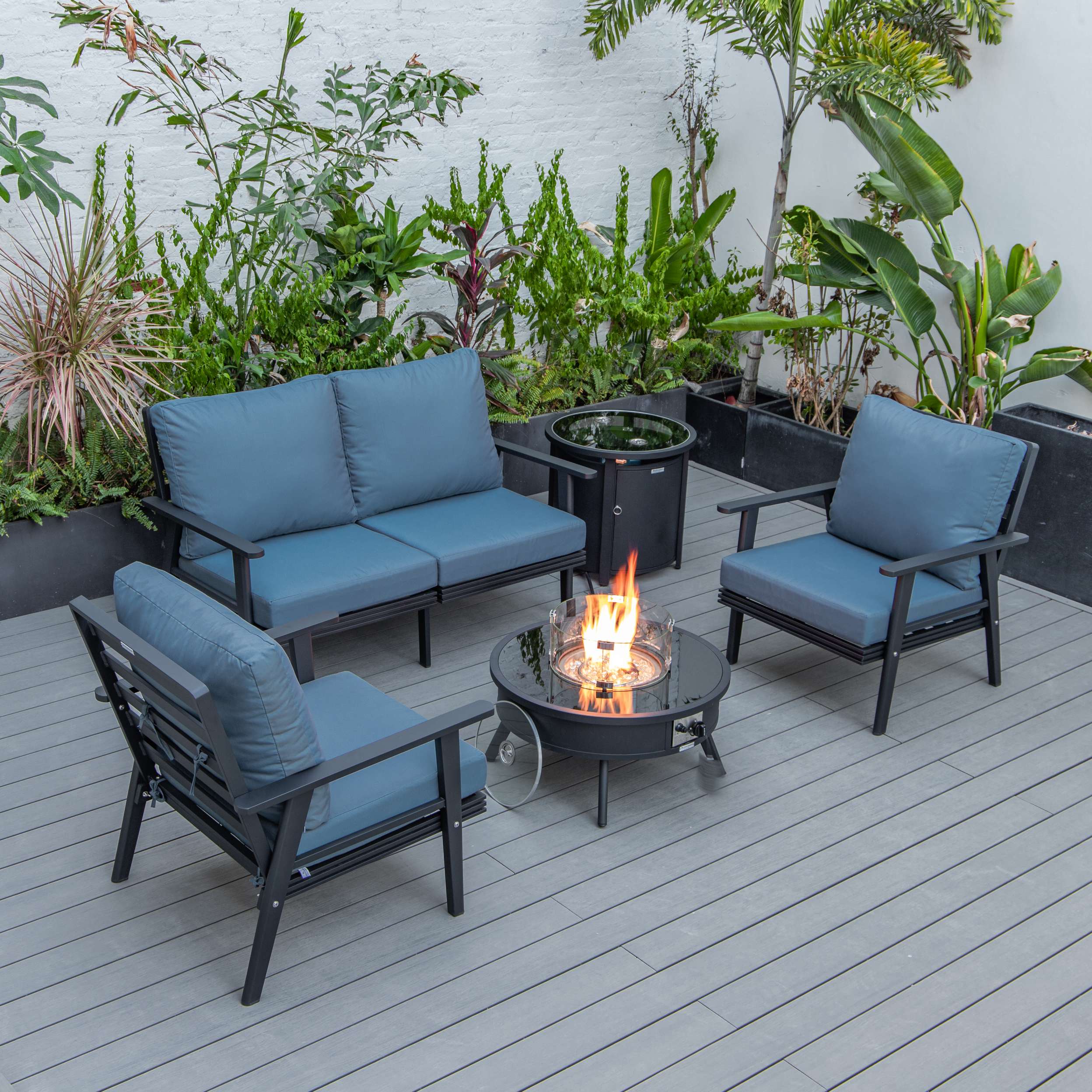 LeisureMod Walbrooke Modern Black Patio Conversation With Round Fire Pit & Tank Holder - Image 19
