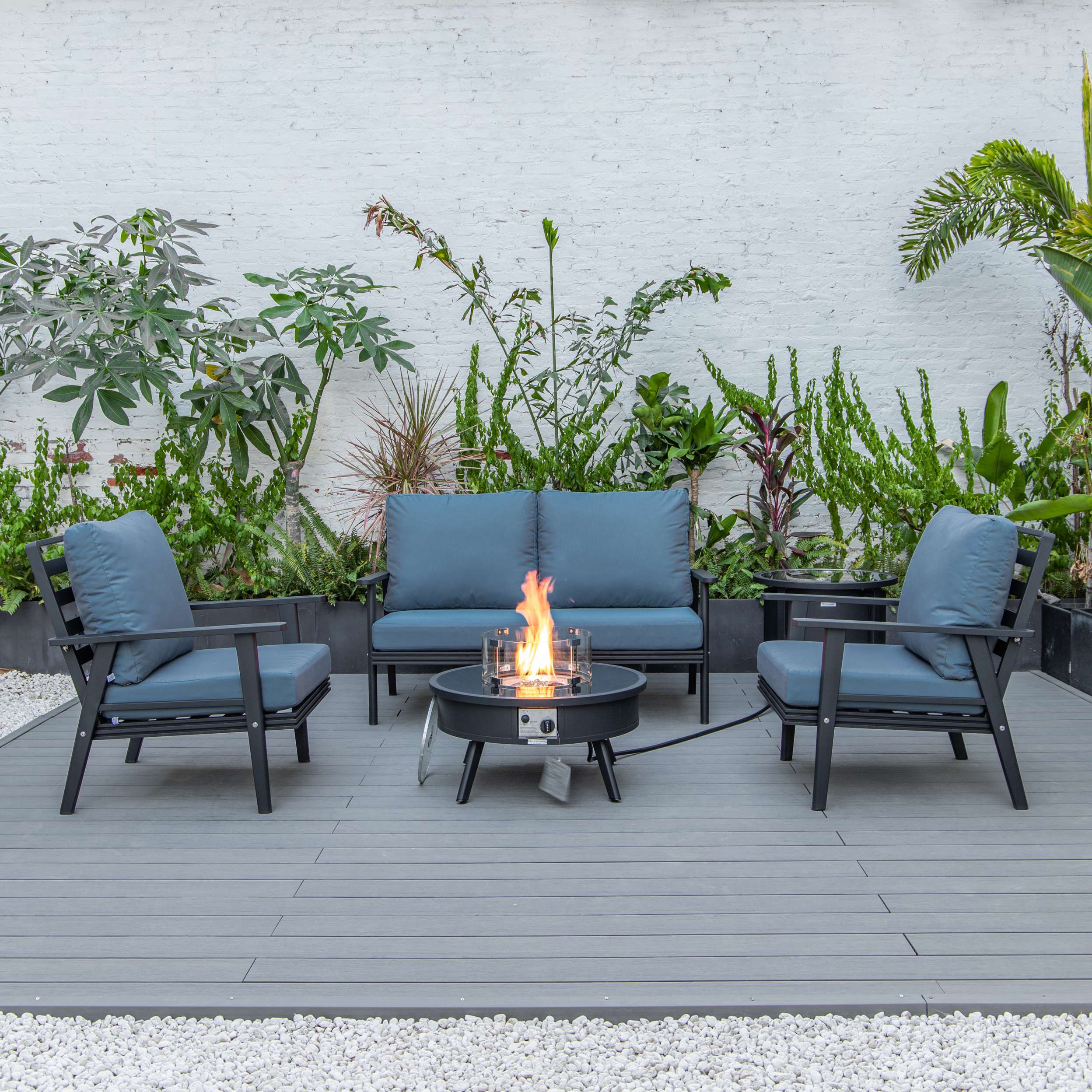 LeisureMod Walbrooke Modern Black Patio Conversation With Round Fire Pit & Tank Holder - Image 20