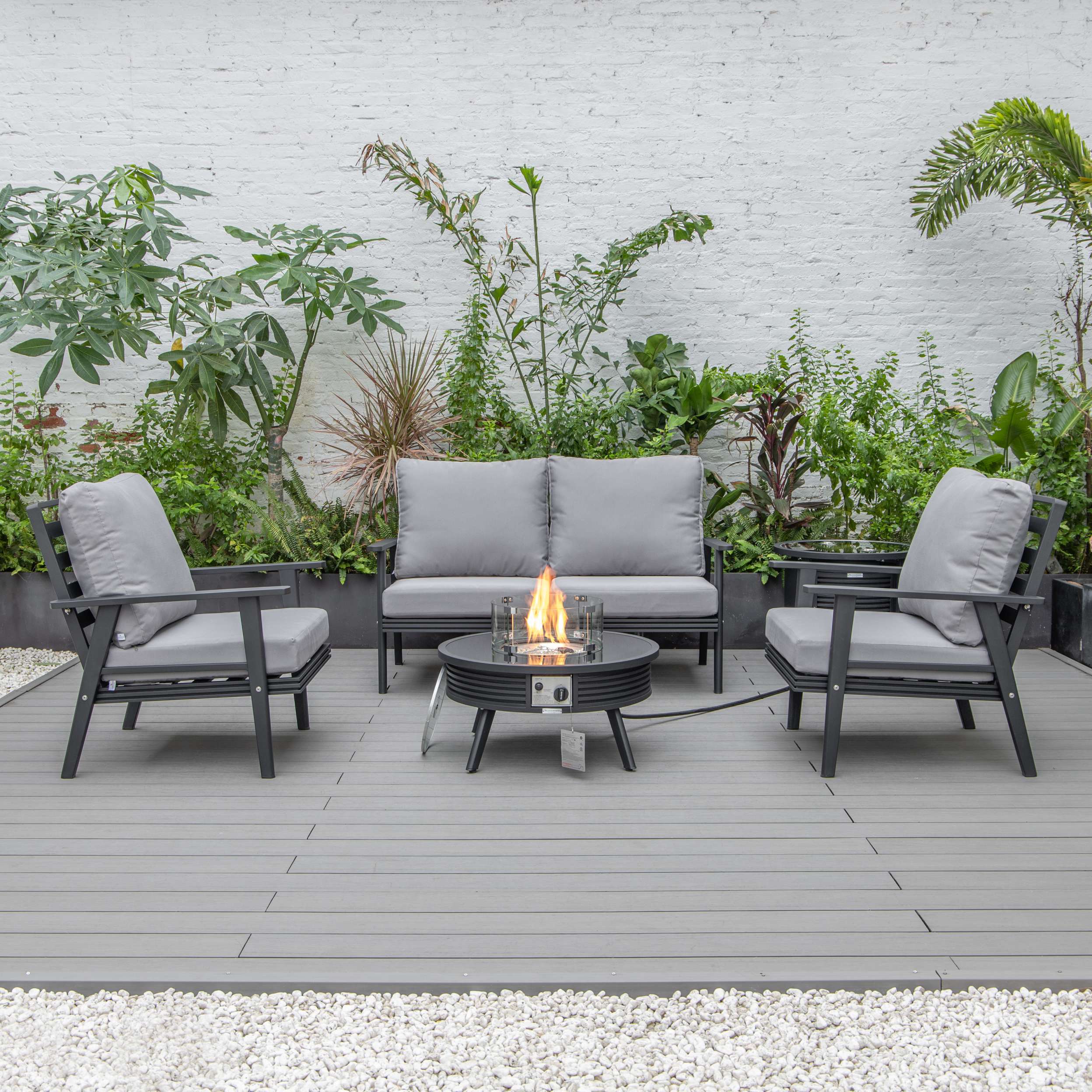 LeisureMod Walbrooke Modern Black Patio Conversation With Round Fire Pit & Tank Holder - Image 21