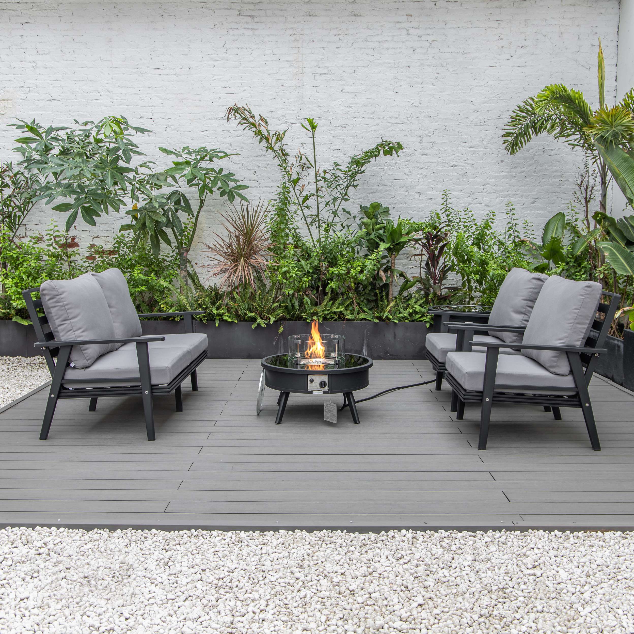 LeisureMod Walbrooke Modern Black Patio Conversation With Round Fire Pit & Tank Holder - Image 22