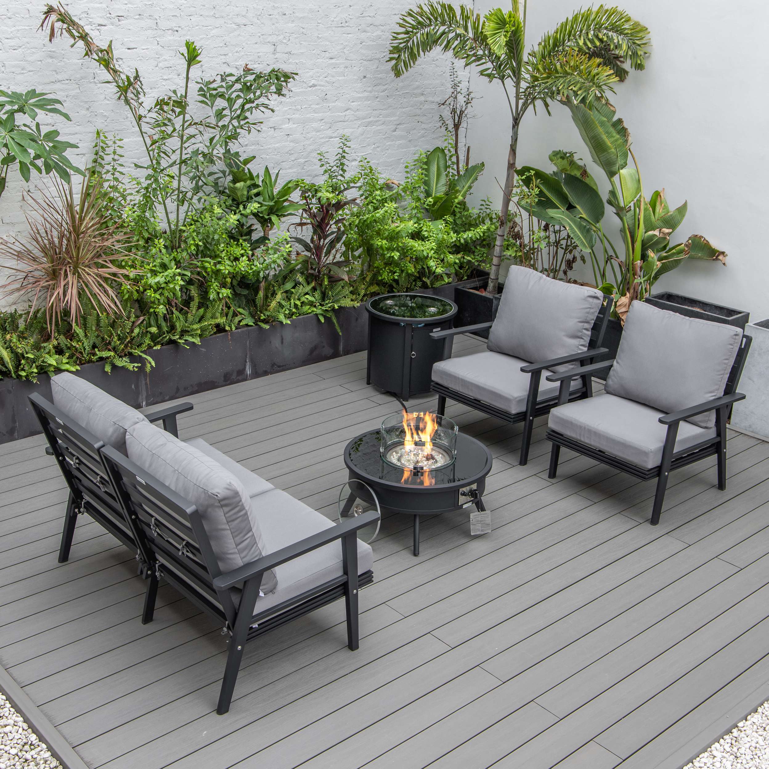 LeisureMod Walbrooke Modern Black Patio Conversation With Round Fire Pit & Tank Holder - Image 23
