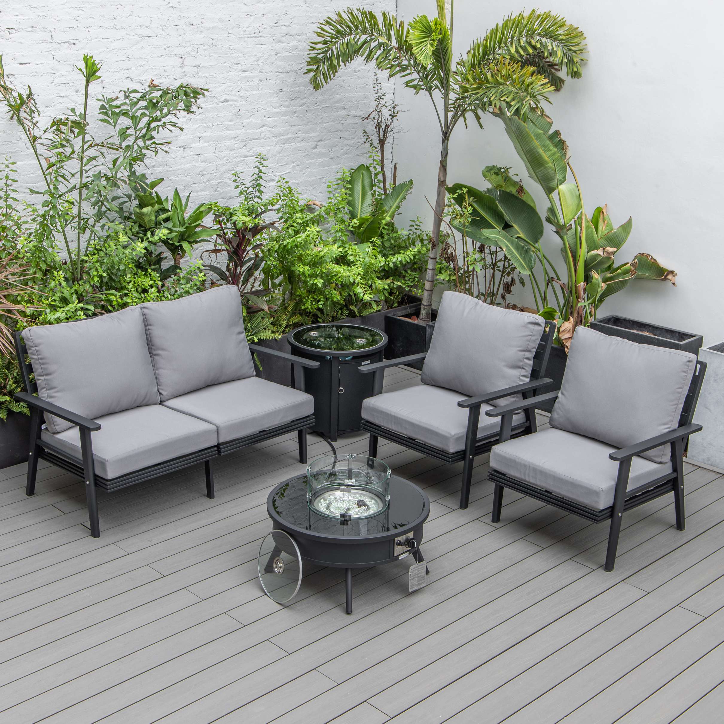 LeisureMod Walbrooke Modern Black Patio Conversation With Round Fire Pit & Tank Holder - Image 24