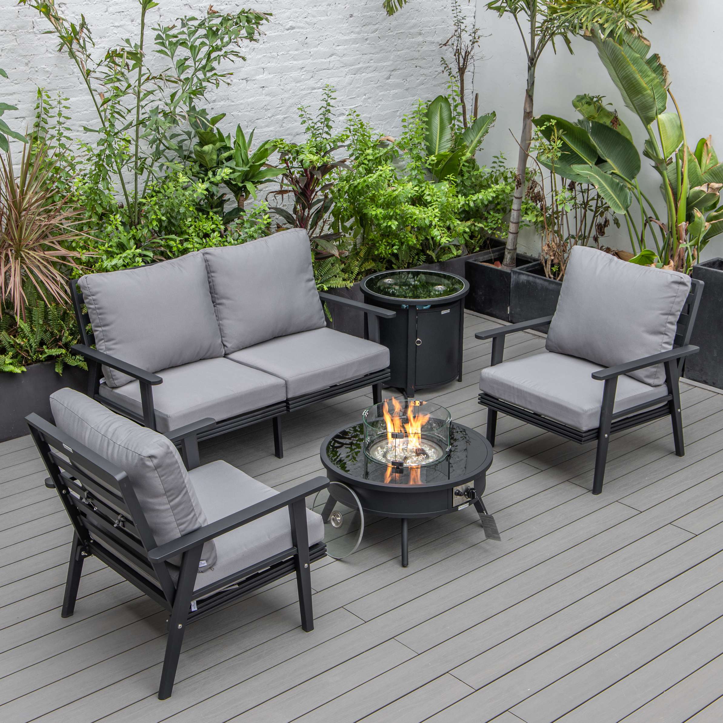 LeisureMod Walbrooke Modern Black Patio Conversation With Round Fire Pit & Tank Holder - Image 25
