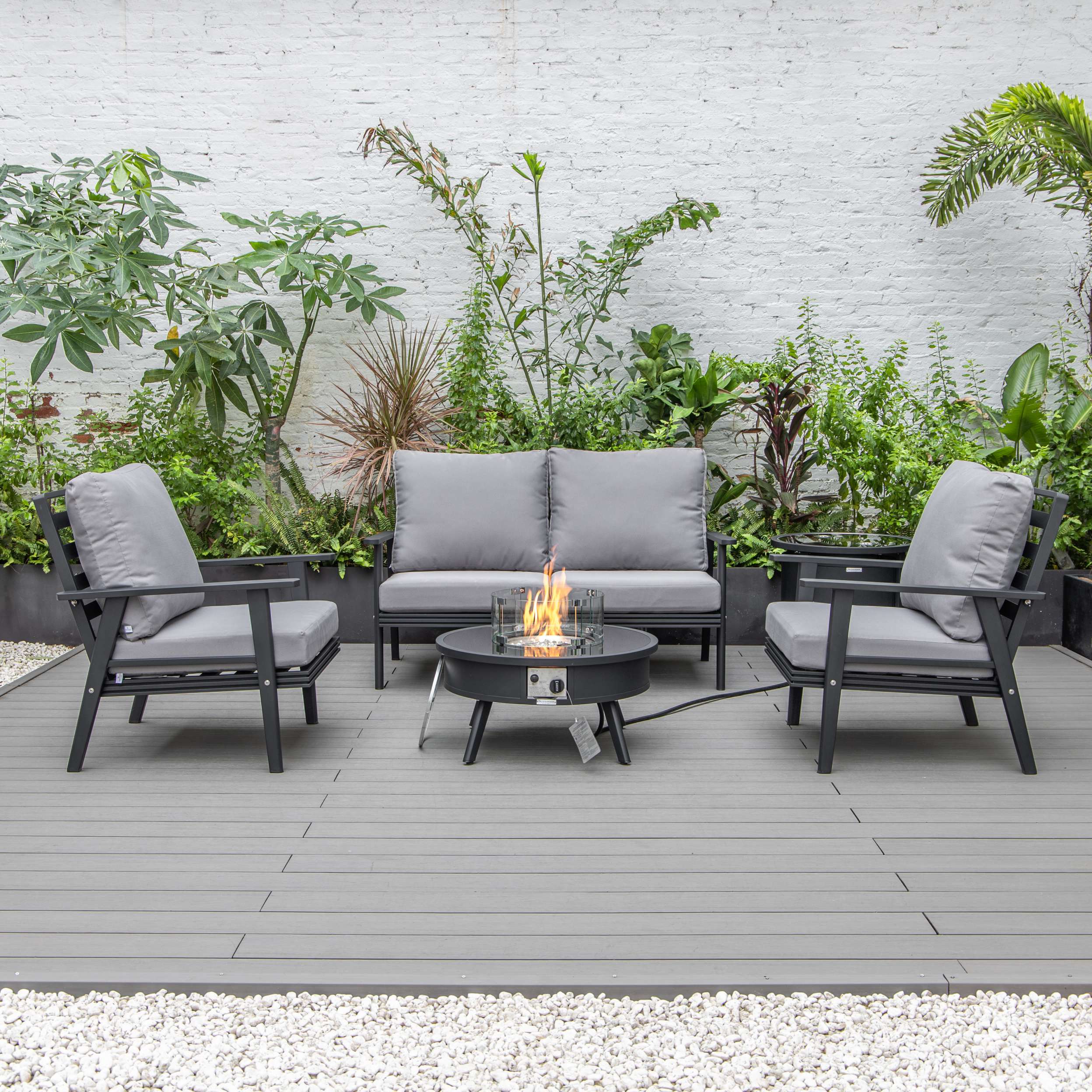 LeisureMod Walbrooke Modern Black Patio Conversation With Round Fire Pit & Tank Holder - Image 26