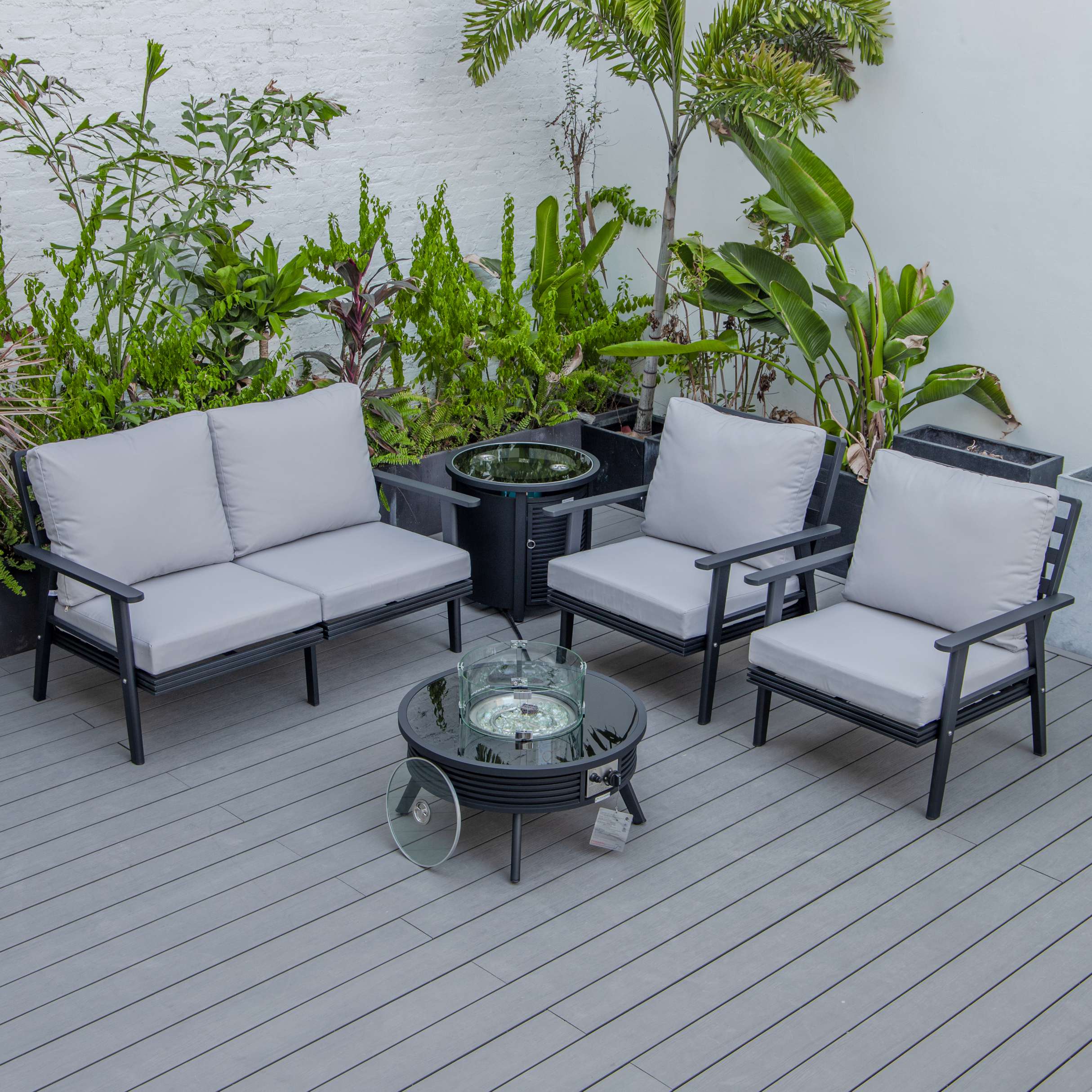 LeisureMod Walbrooke Modern Black Patio Conversation With Round Fire Pit & Tank Holder - Image 28