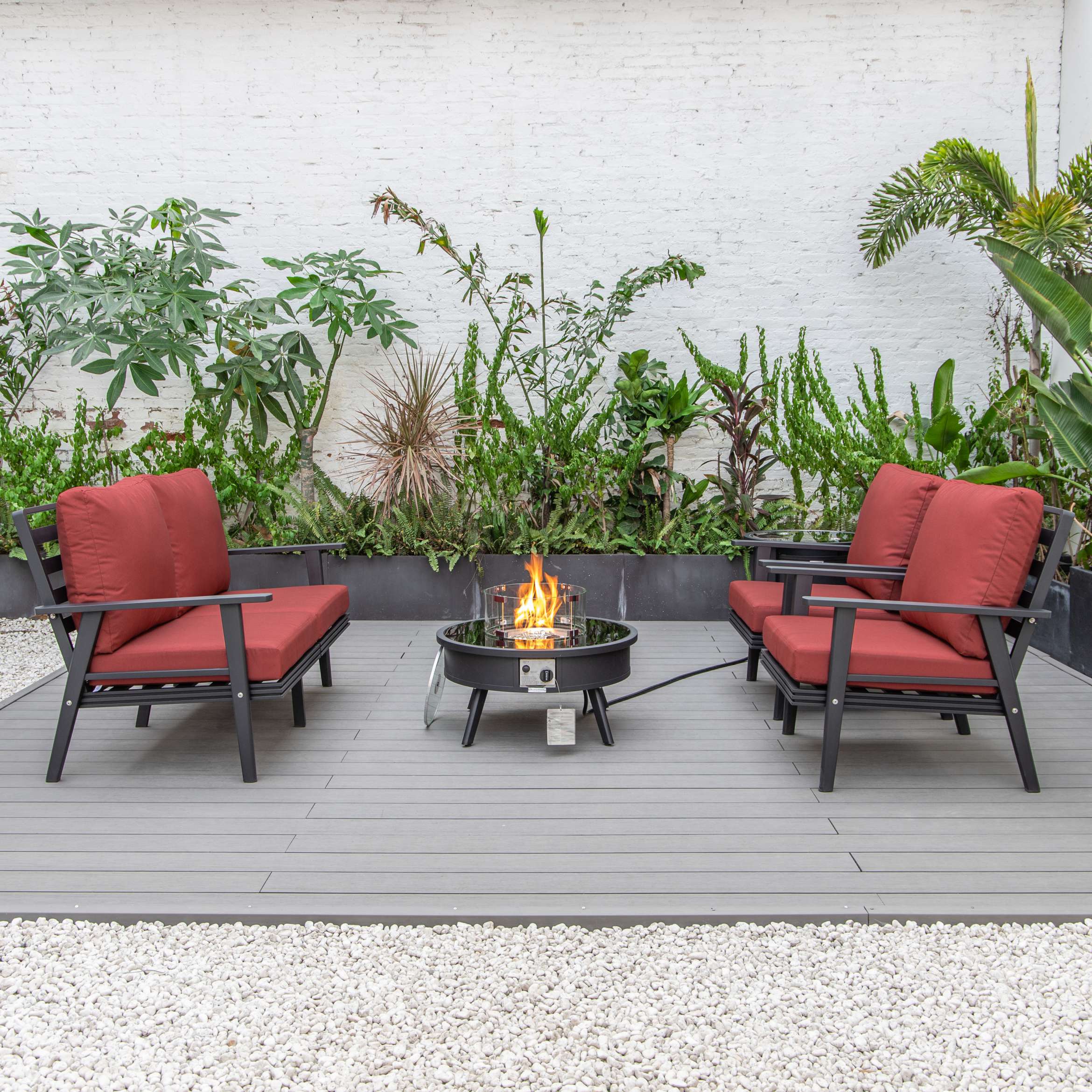 LeisureMod Walbrooke Modern Black Patio Conversation With Round Fire Pit & Tank Holder - Image 29