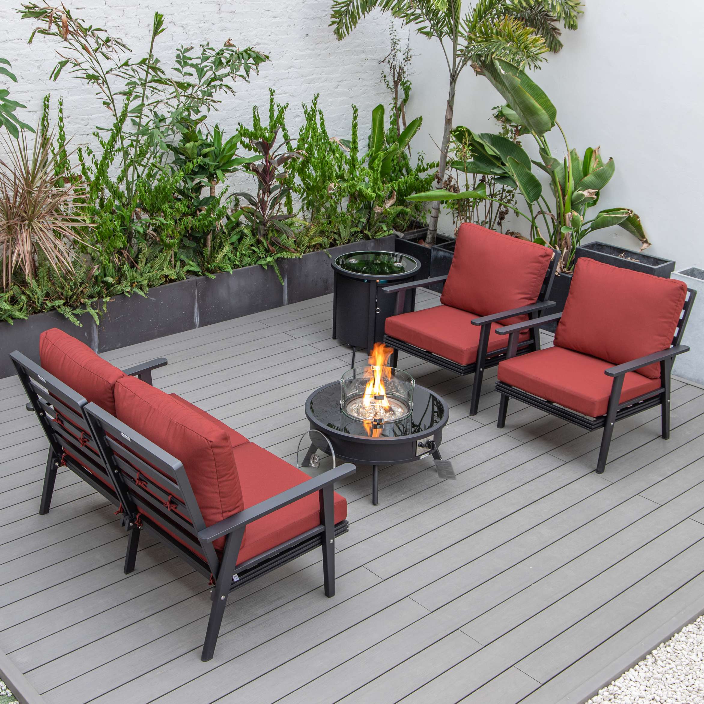 LeisureMod Walbrooke Modern Black Patio Conversation With Round Fire Pit & Tank Holder - Image 30