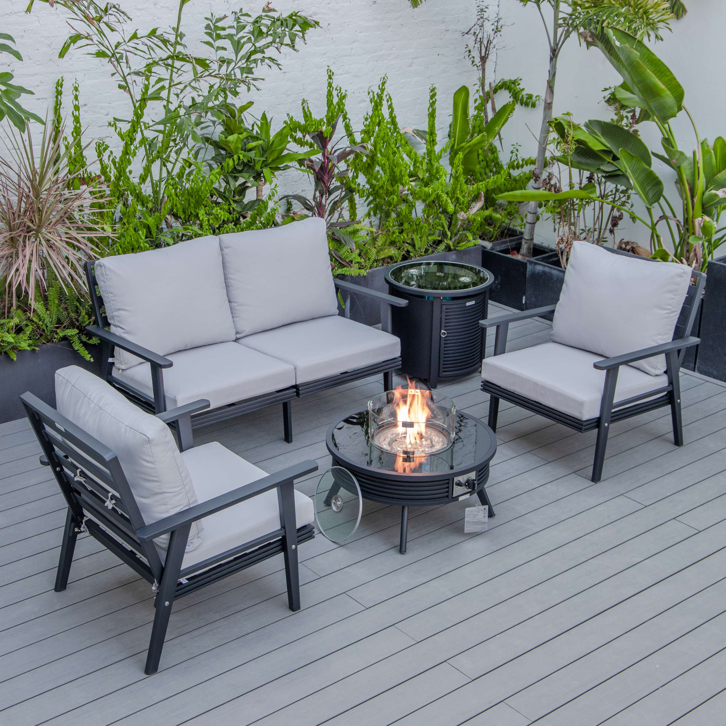 LeisureMod Walbrooke Modern Black Patio Conversation With Round Fire Pit & Tank Holder - Image 31