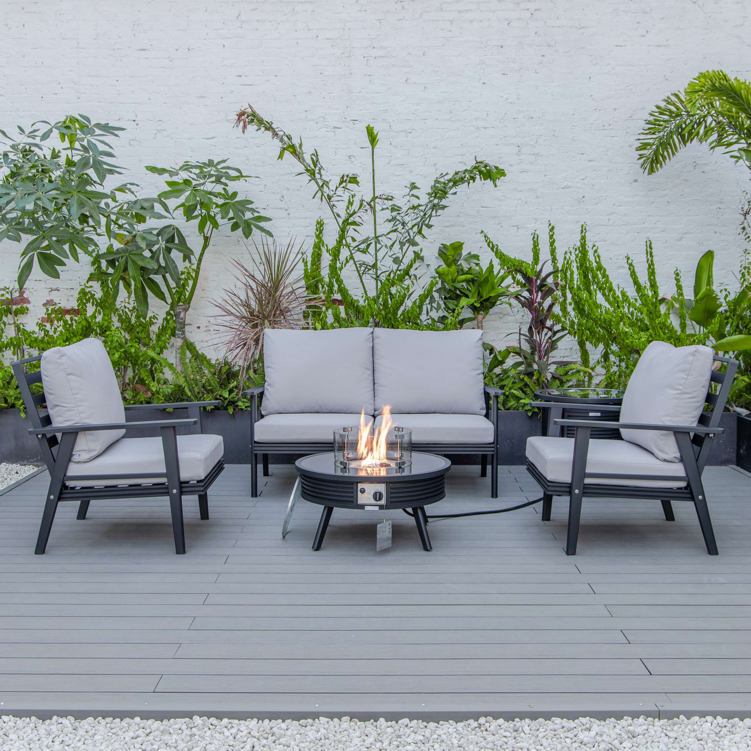 LeisureMod Walbrooke Modern Black Patio Conversation With Round Fire Pit & Tank Holder - Image 32