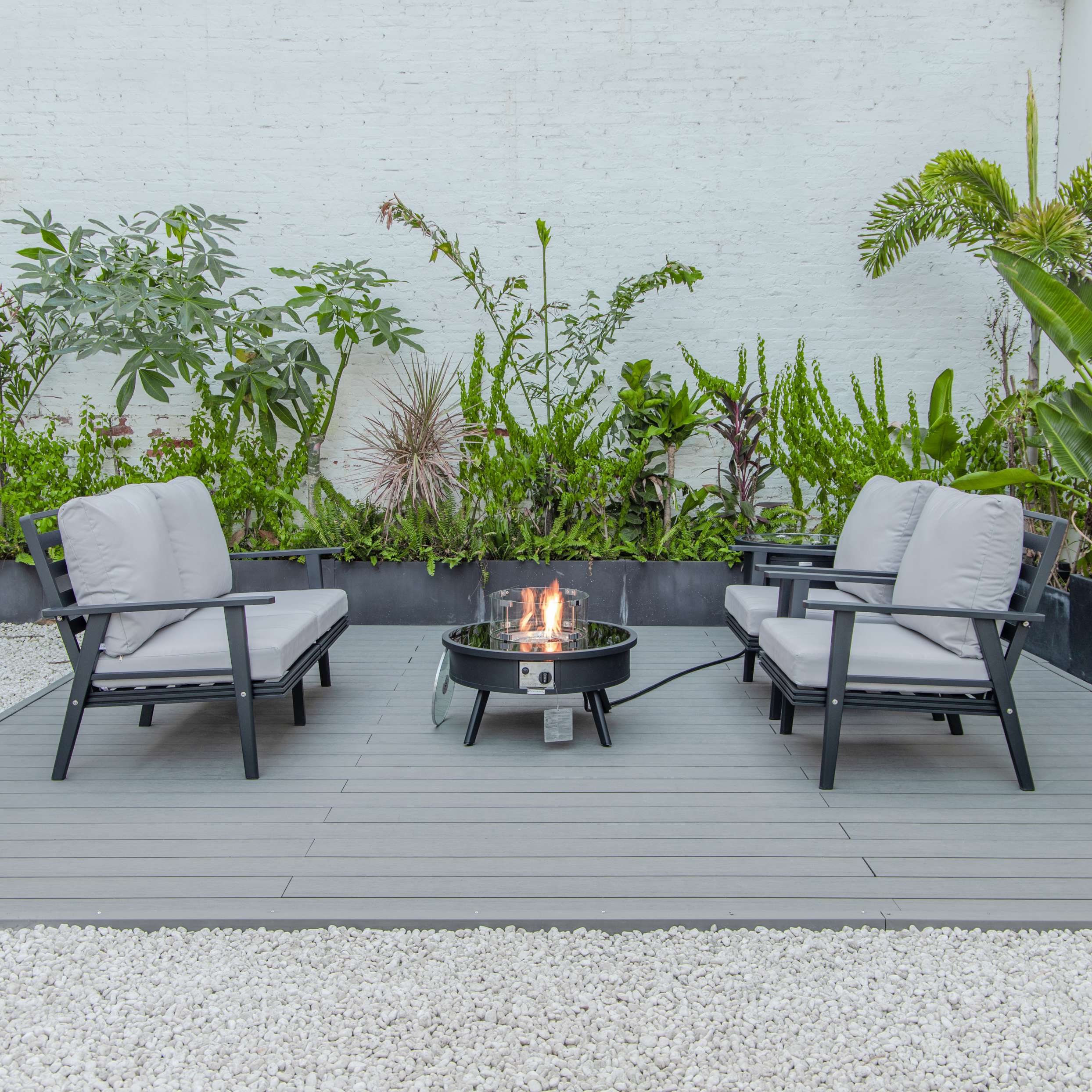 LeisureMod Walbrooke Modern Black Patio Conversation With Round Fire Pit & Tank Holder - Image 33