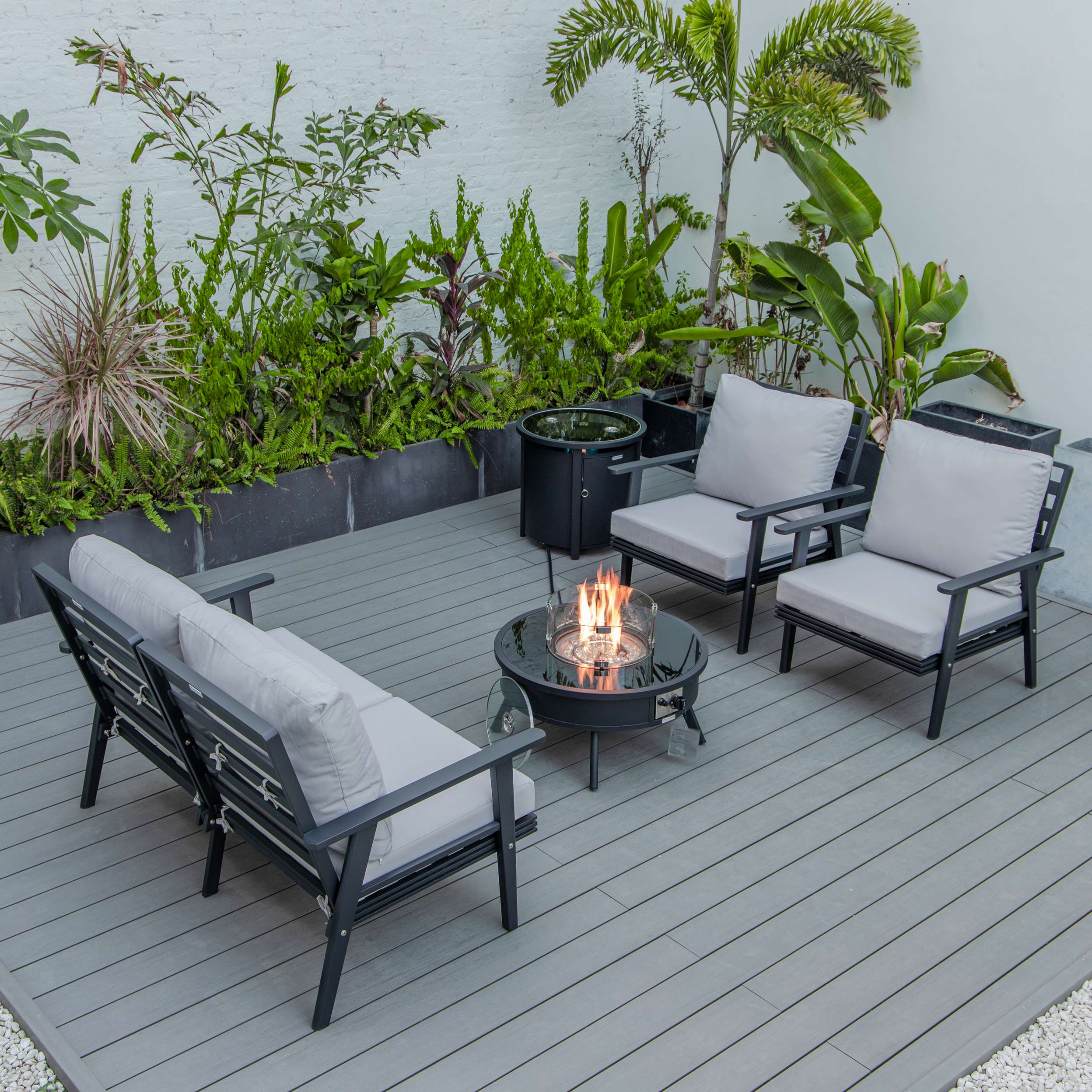 LeisureMod Walbrooke Modern Black Patio Conversation With Round Fire Pit & Tank Holder - Image 34