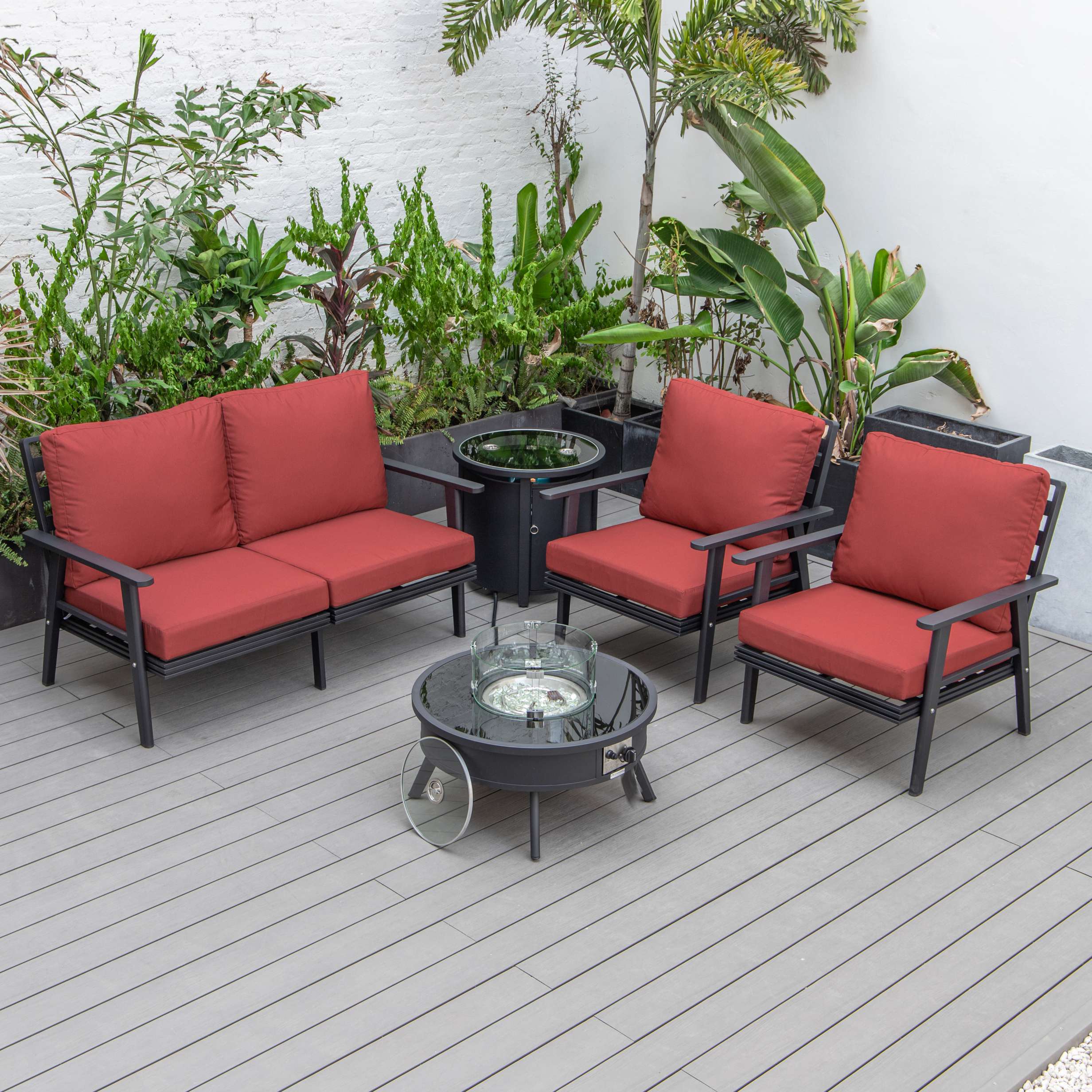 LeisureMod Walbrooke Modern Black Patio Conversation With Round Fire Pit & Tank Holder - Image 35
