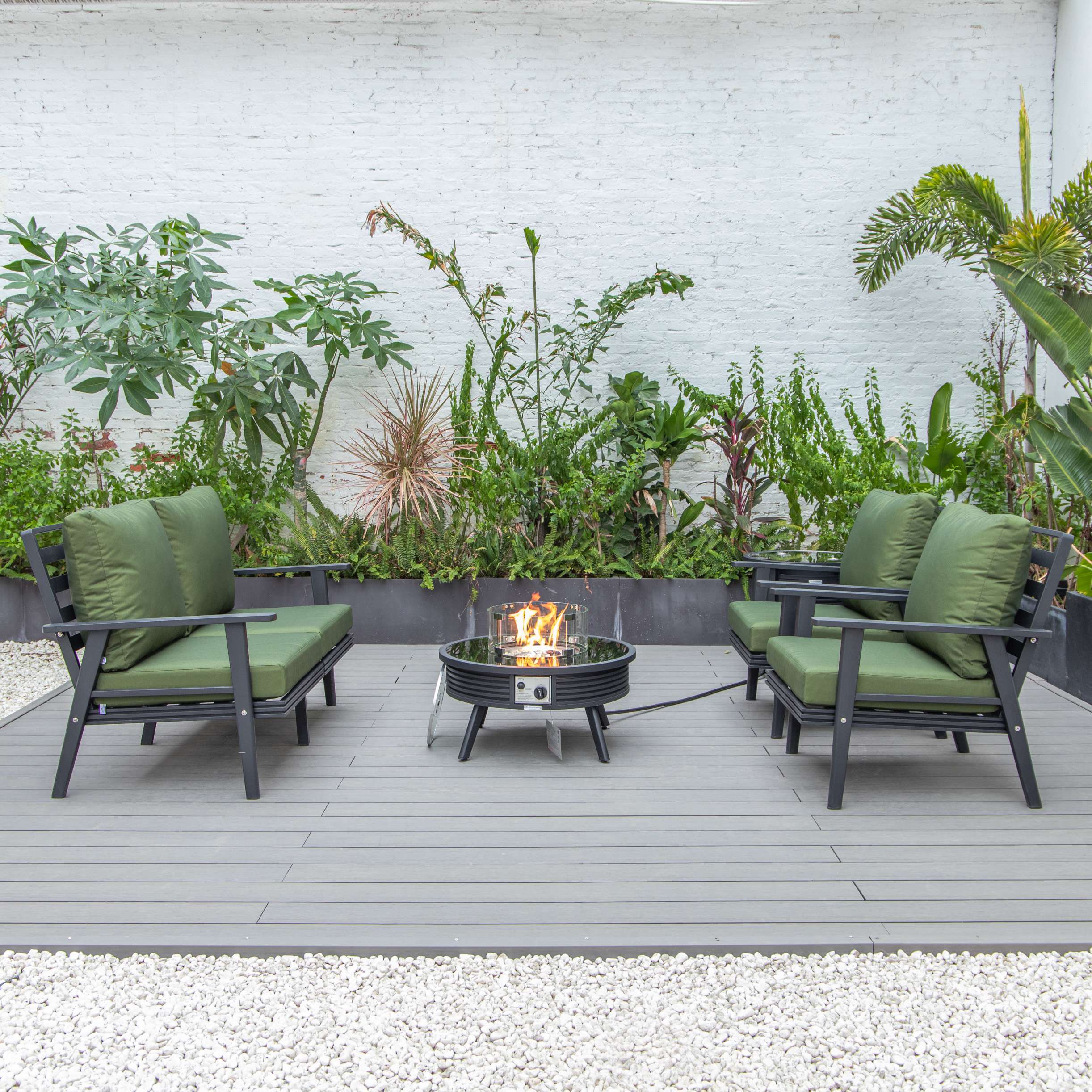 LeisureMod Walbrooke Modern Black Patio Conversation With Round Fire Pit & Tank Holder - Image 37