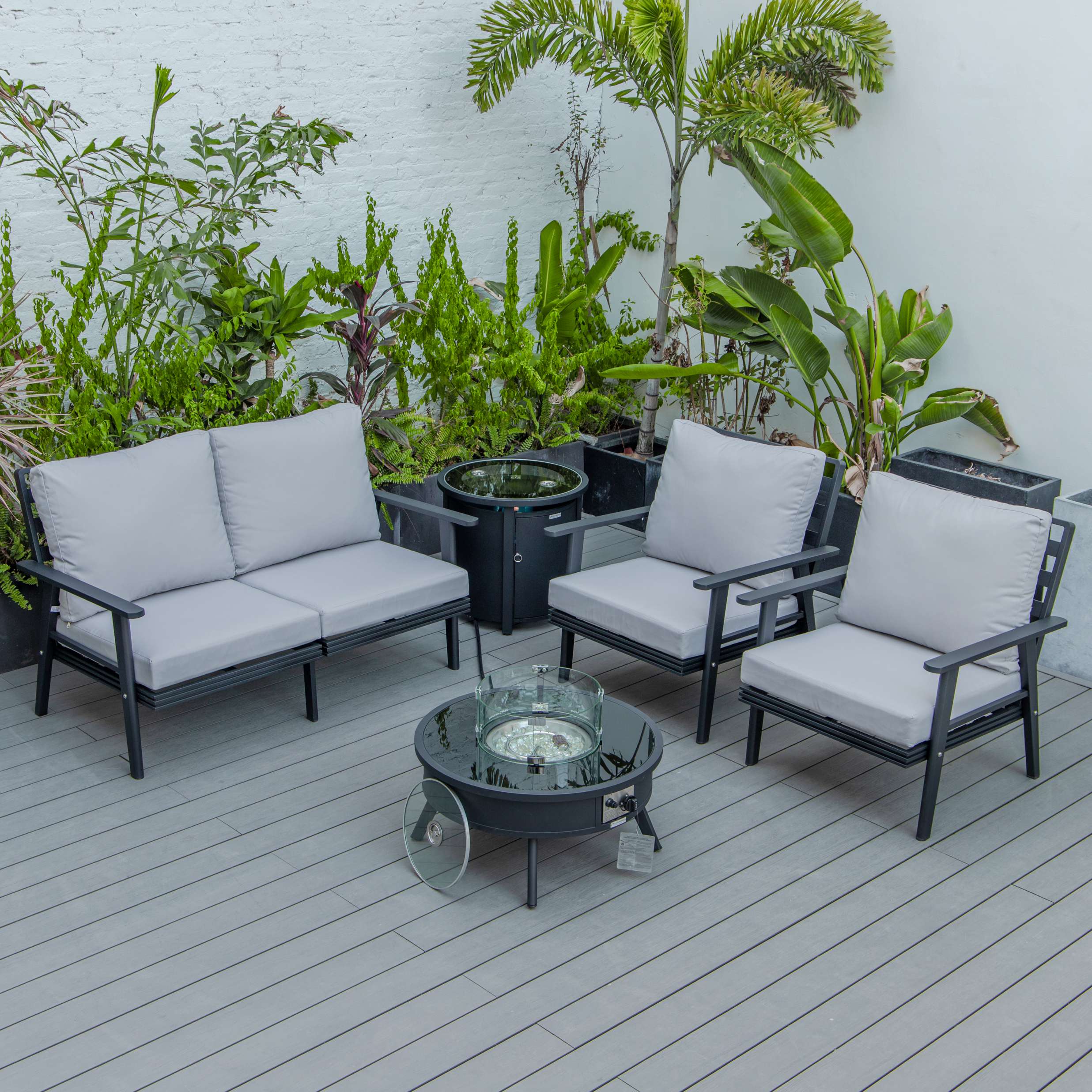 LeisureMod Walbrooke Modern Black Patio Conversation With Round Fire Pit & Tank Holder - Image 38