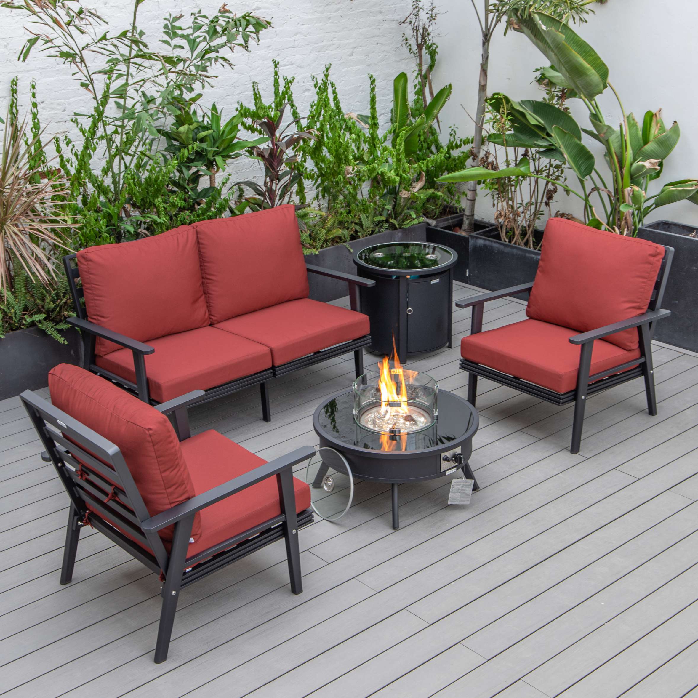 LeisureMod Walbrooke Modern Black Patio Conversation With Round Fire Pit & Tank Holder - Image 39