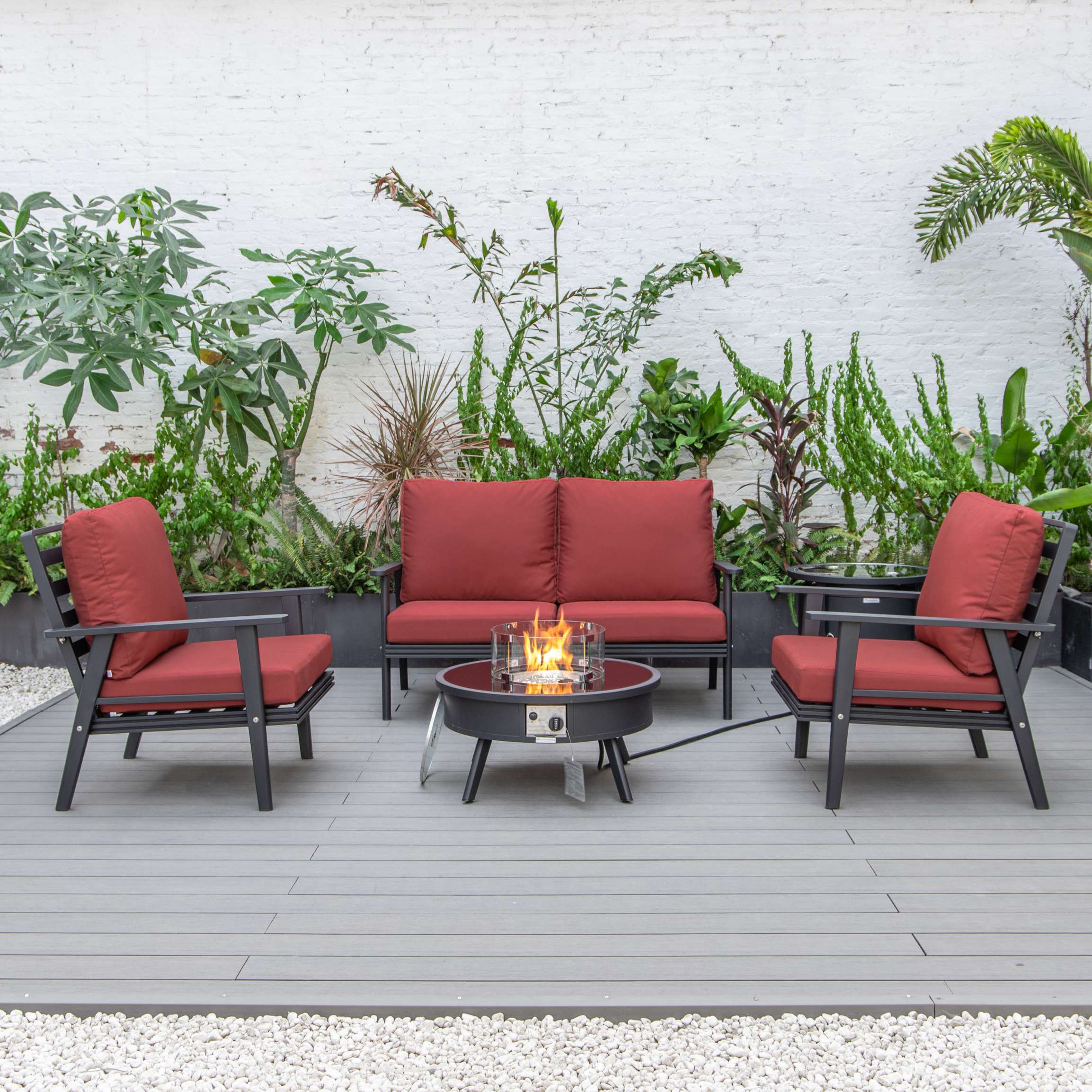 LeisureMod Walbrooke Modern Black Patio Conversation With Round Fire Pit & Tank Holder - Image 40