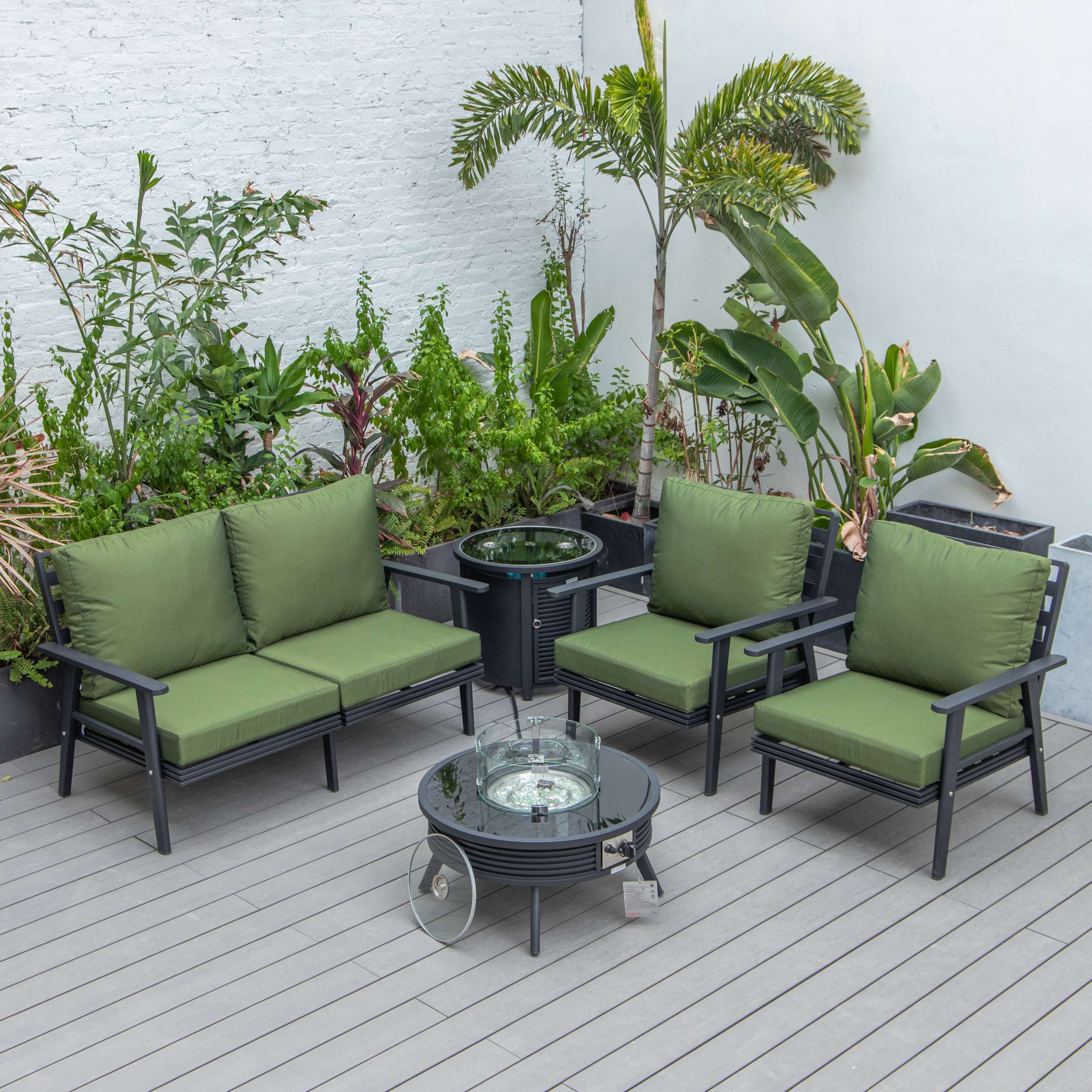 LeisureMod Walbrooke Modern Black Patio Conversation With Round Fire Pit & Tank Holder - Image 41