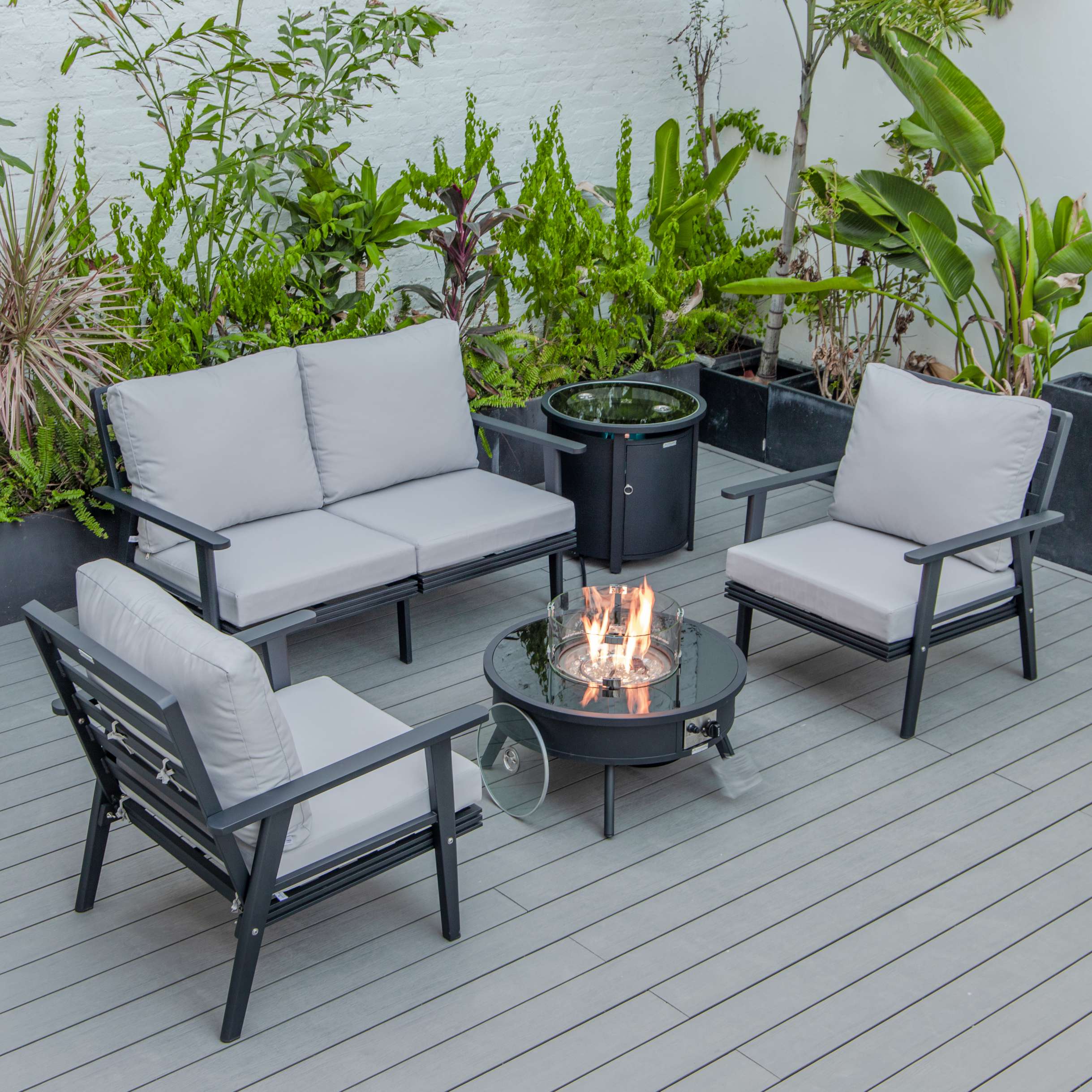 LeisureMod Walbrooke Modern Black Patio Conversation With Round Fire Pit & Tank Holder - Image 42