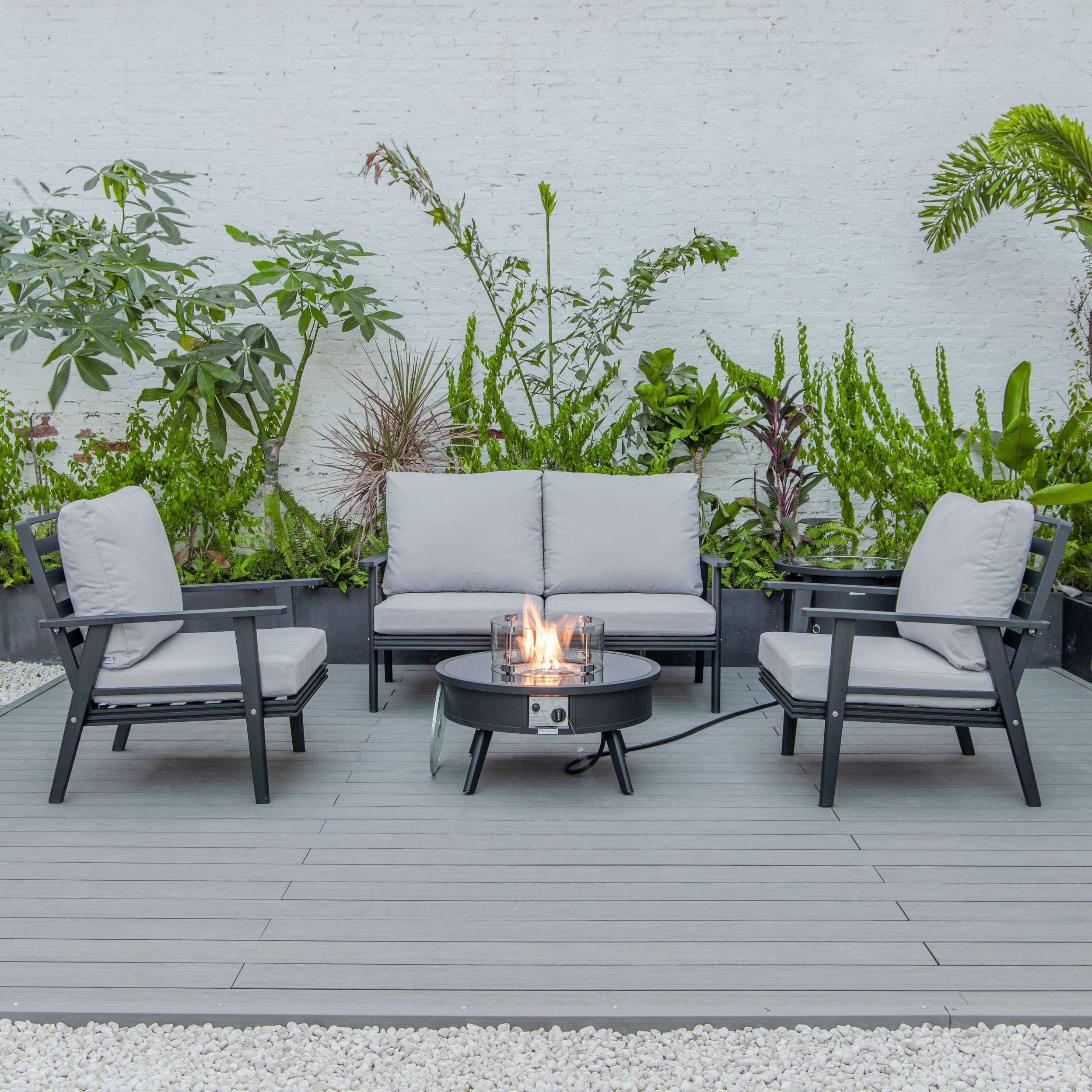 LeisureMod Walbrooke Modern Black Patio Conversation With Round Fire Pit & Tank Holder - Image 43